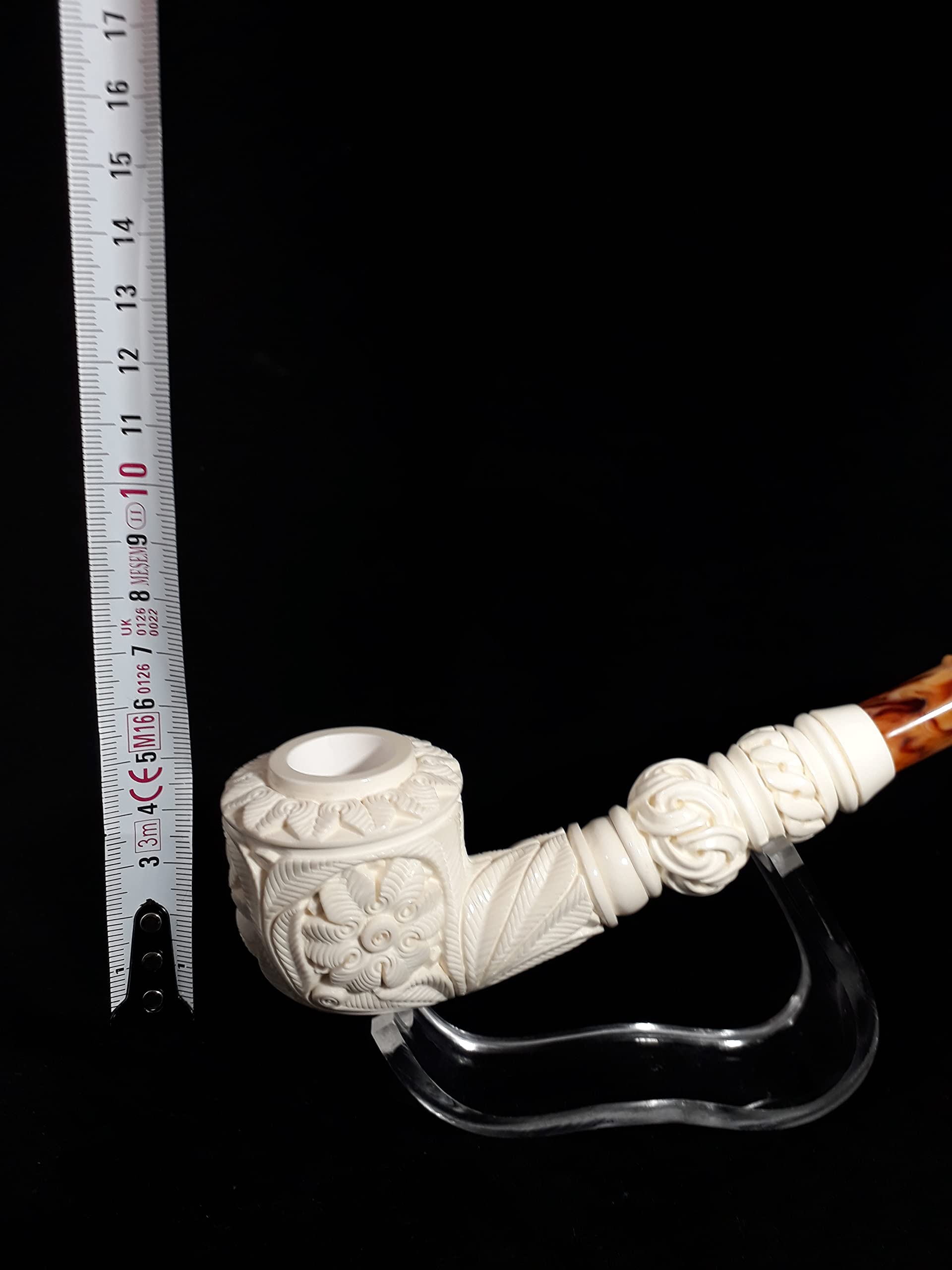 Premium Meerschaum Pipe with Floral Embossed Design & Bent Stem - Handcrafted from Solid Block Meerschaum | Perfect for Relaxing Smoke Sessions & Collector's Display