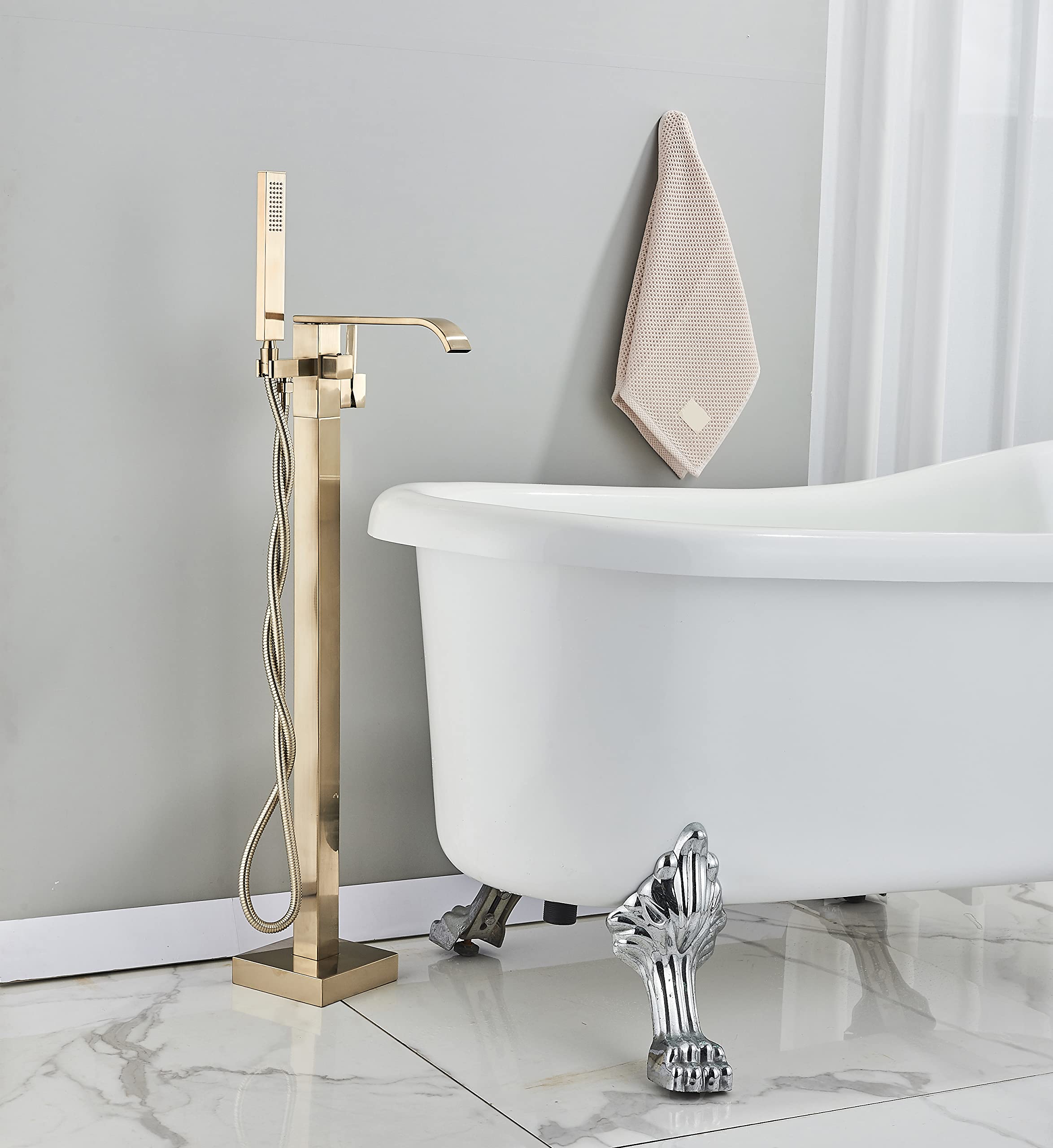 Freestanding Bathtub Faucet - Brushed Gold Floor Mount Waterfall Tub Filler with Hand Shower | High Flow Solid Brass 360° Swivel Standing Mixer Tap for Modern Bathroom | Perfect for Spa-Like Relaxation and Luxury Bathing Experience