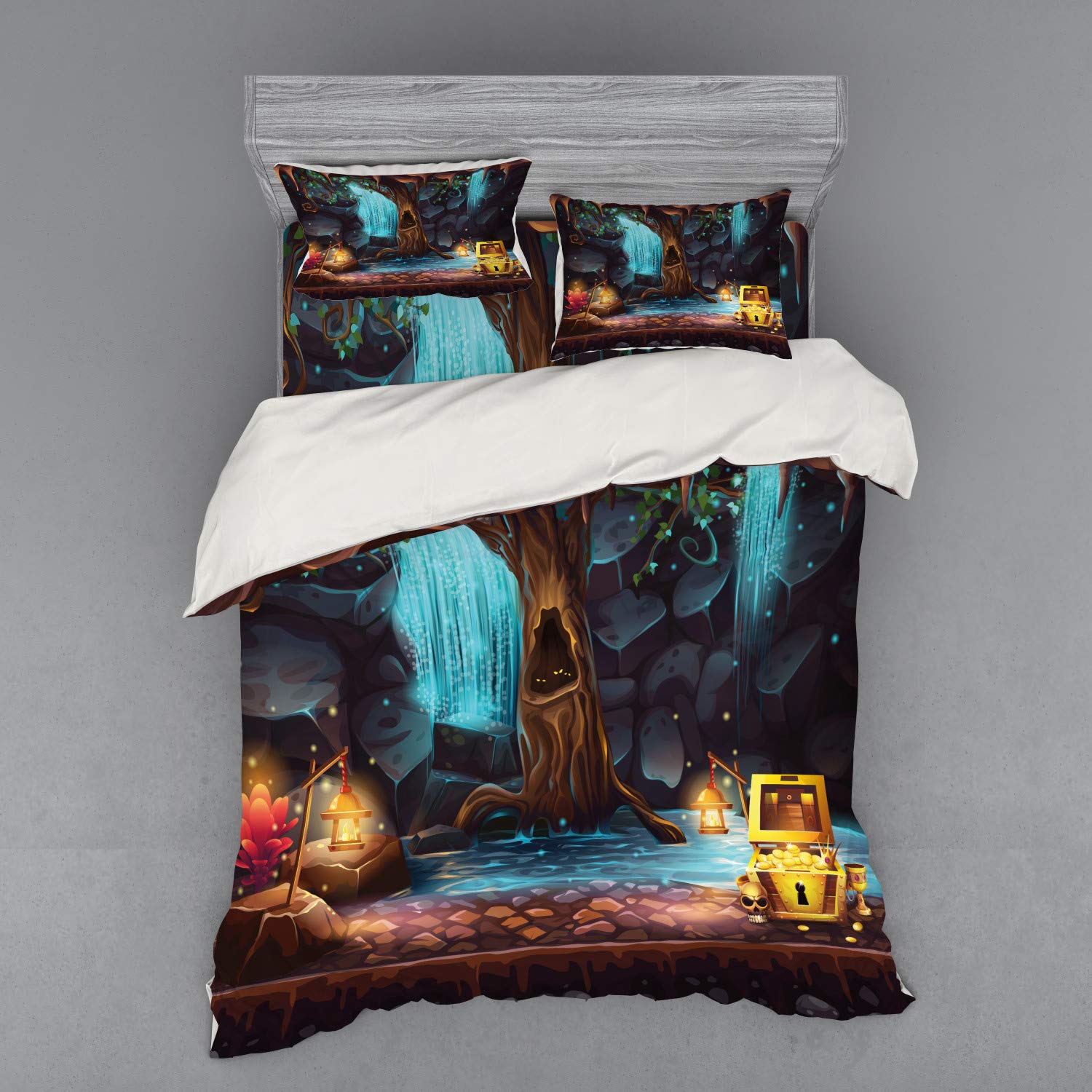 Ambesonne Fantasy Bedding Set - Cartoon Cave Landscape with Tree, Treasure Chest & Waterfall - 4 Piece Duvet Cover Set with Shams & Fitted Sheet - Queen Size Multicolor - Perfect for Kids' Rooms, Themed Bedrooms & Fantasy Decor