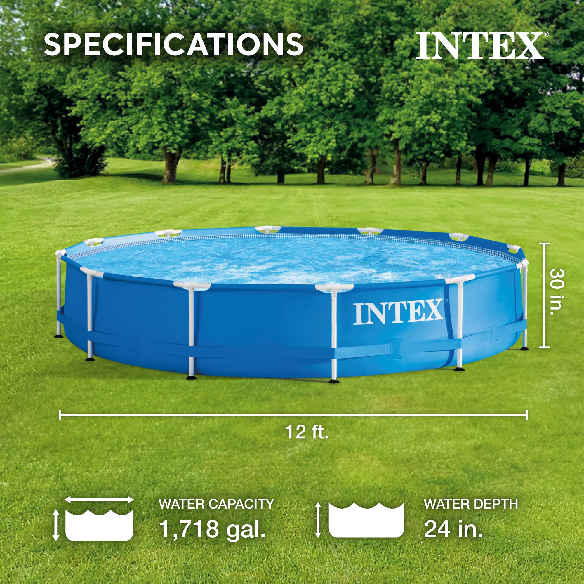 Intex 12ft x 30in Round Metal Frame Above Ground Swimming Pool for Adults & Kids - Outdoor Backyard Family Pool for Summer Fun, Ages 6+ (Blue) - Perfect for Backyard Parties, Summer Cooling, and Family Bonding