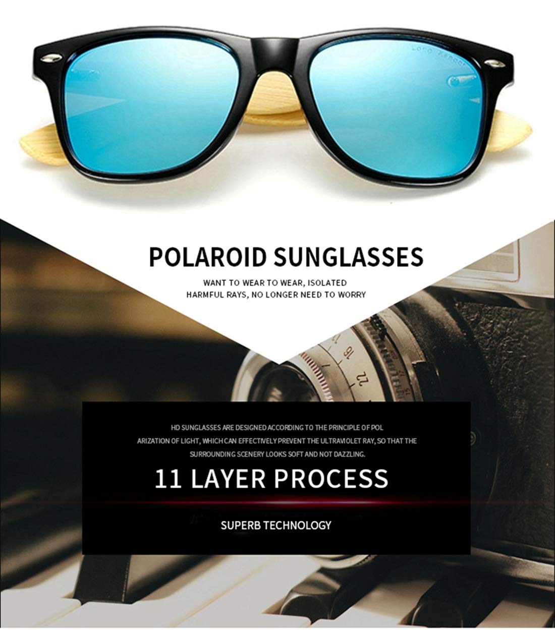 Polarized Bamboo Wood Sunglasses for Men & Women - Classic UV Protection Driving Glasses with Lightweight Frame - Perfect for Outdoor Activities, Beach, Fishing & Road Trips