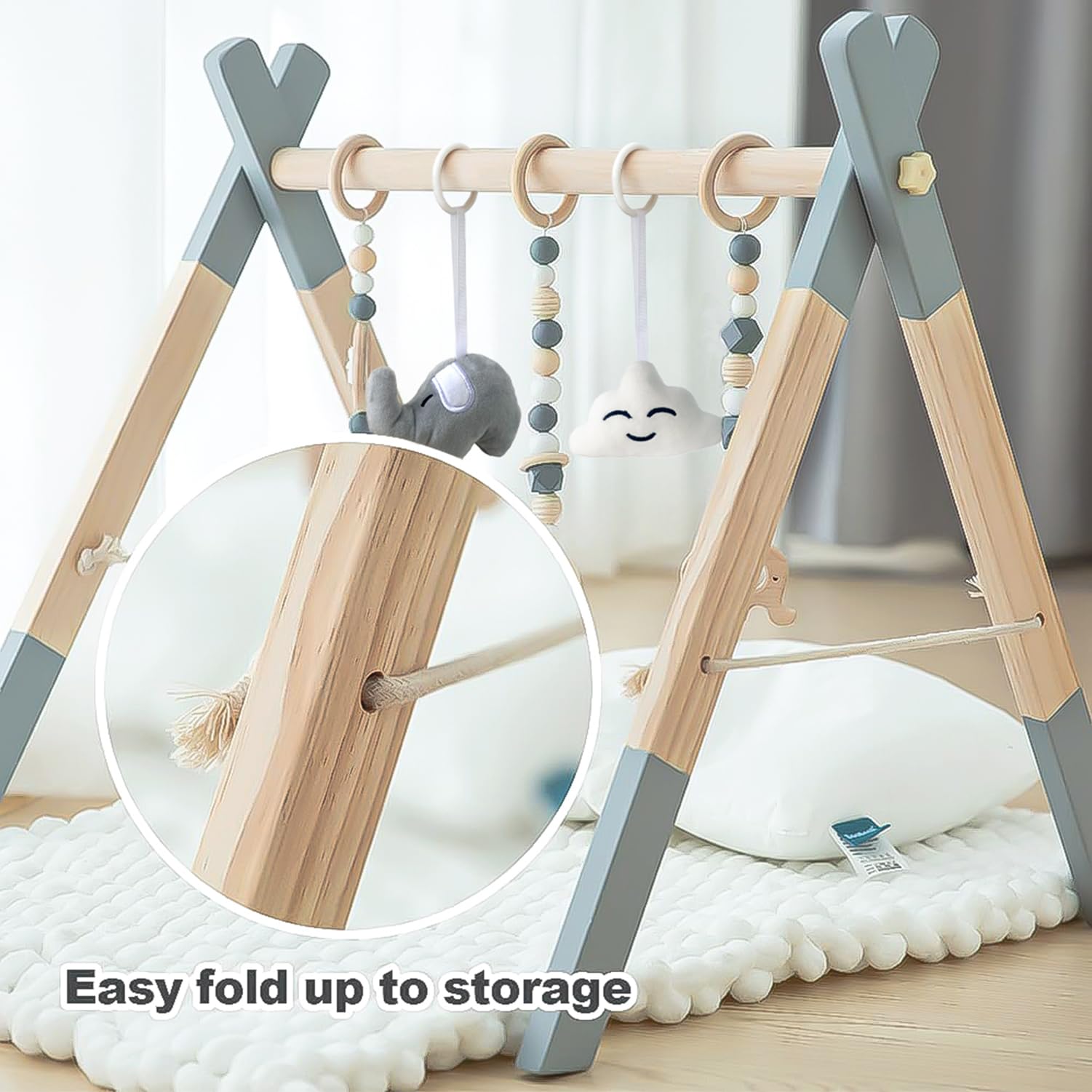 Foldable Wooden Baby Play Gym with 5 Hanging Toys - Natural Wood Activity Gym for Newborns & Infants (Grey) | Perfect for Tummy Time, Sensory Play & Early Development