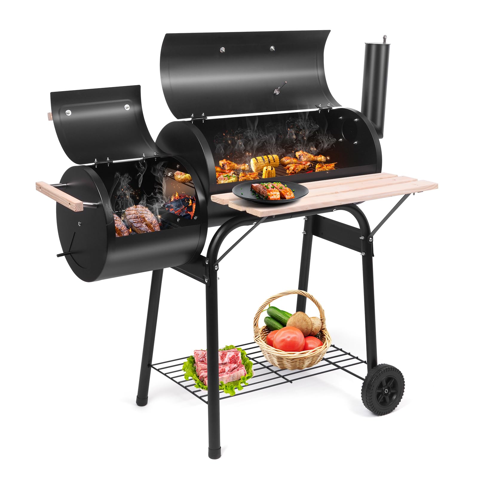 Outvita Charcoal Grill & Offset Smoker with Wheels - Portable Outdoor BBQ Cooker for Backyard, Camping, Picnics & Parties - Heavy-Duty Patio Barbecue Oven with Side Fire Box for Grilling, Smoking & Roasting Meats