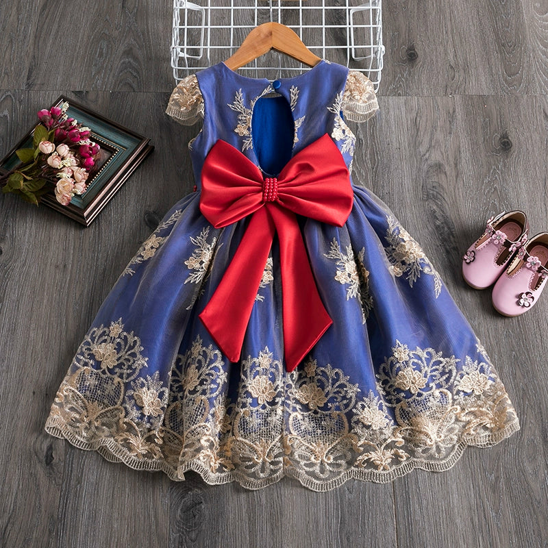 Royal Blue Satin Princess Boat Neck Tea-Length Flower Girl Dress for Weddings & Special Occasions