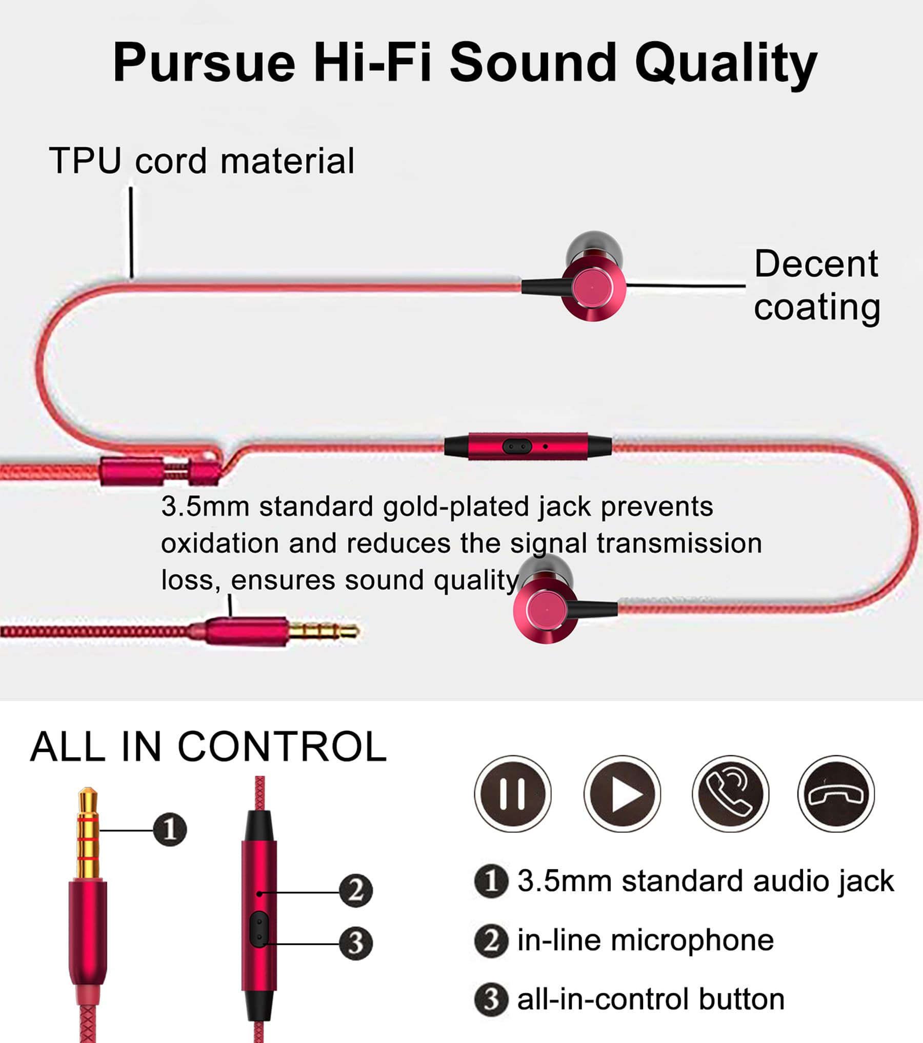 MR01 Comfortable Tangle-Free Wired In-Ear Headphones with Mic - Crystal Clear Sound & Noise Isolation for iPhone, Samsung, Laptop (Red) | Perfect for Commuting, Workouts & Gaming