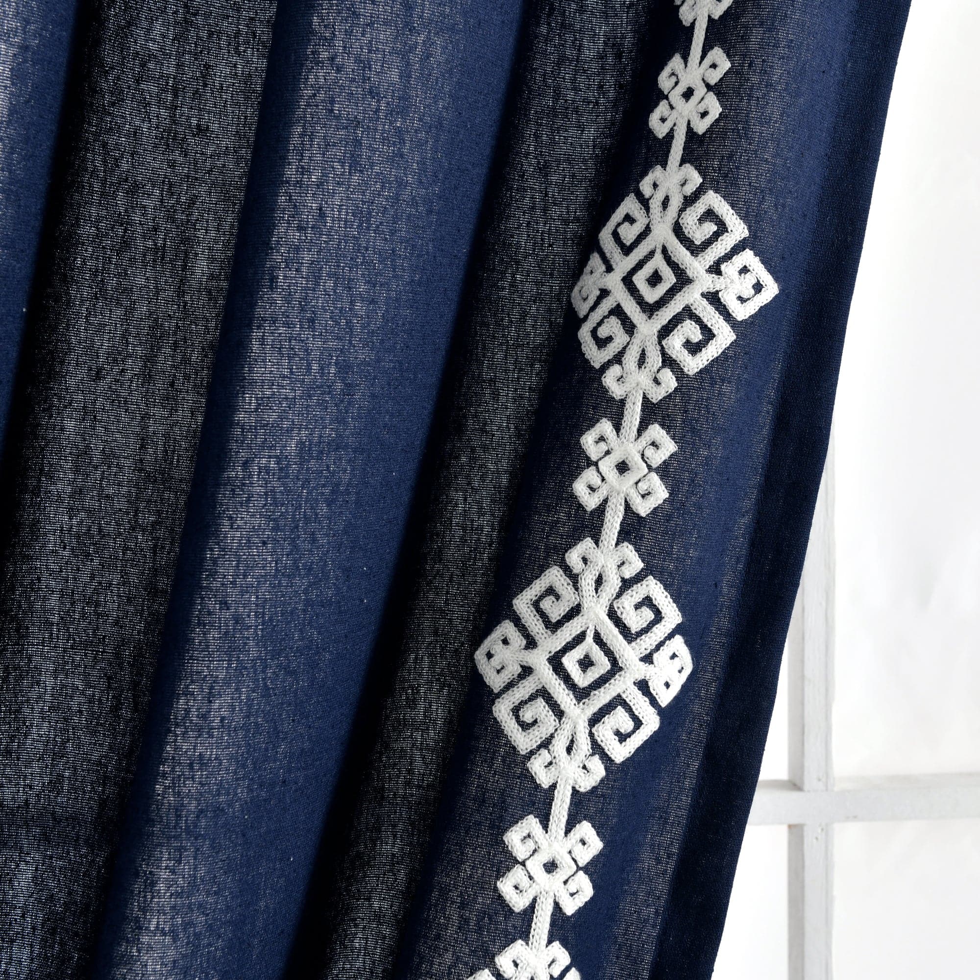 Luxury Modern Geo Linen Embroidery Border Window Curtain Panel - Elegant Home Decor for Living Room & Bedroom