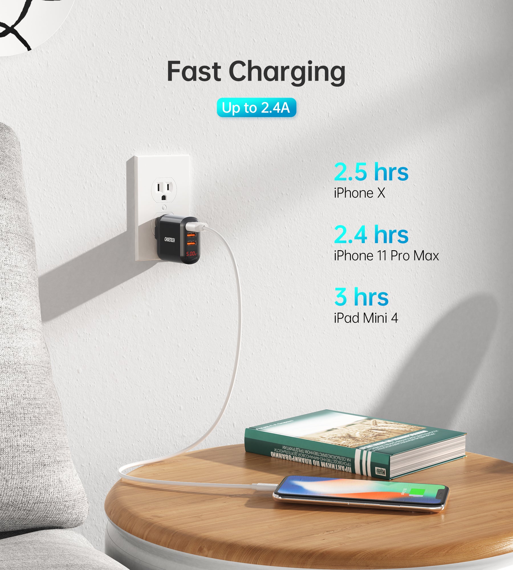 Fast Charging Triple USB Wall Charger with Foldable Plug & LED Display - Perfect for Home, Office, and Travel Charging Multiple Devices