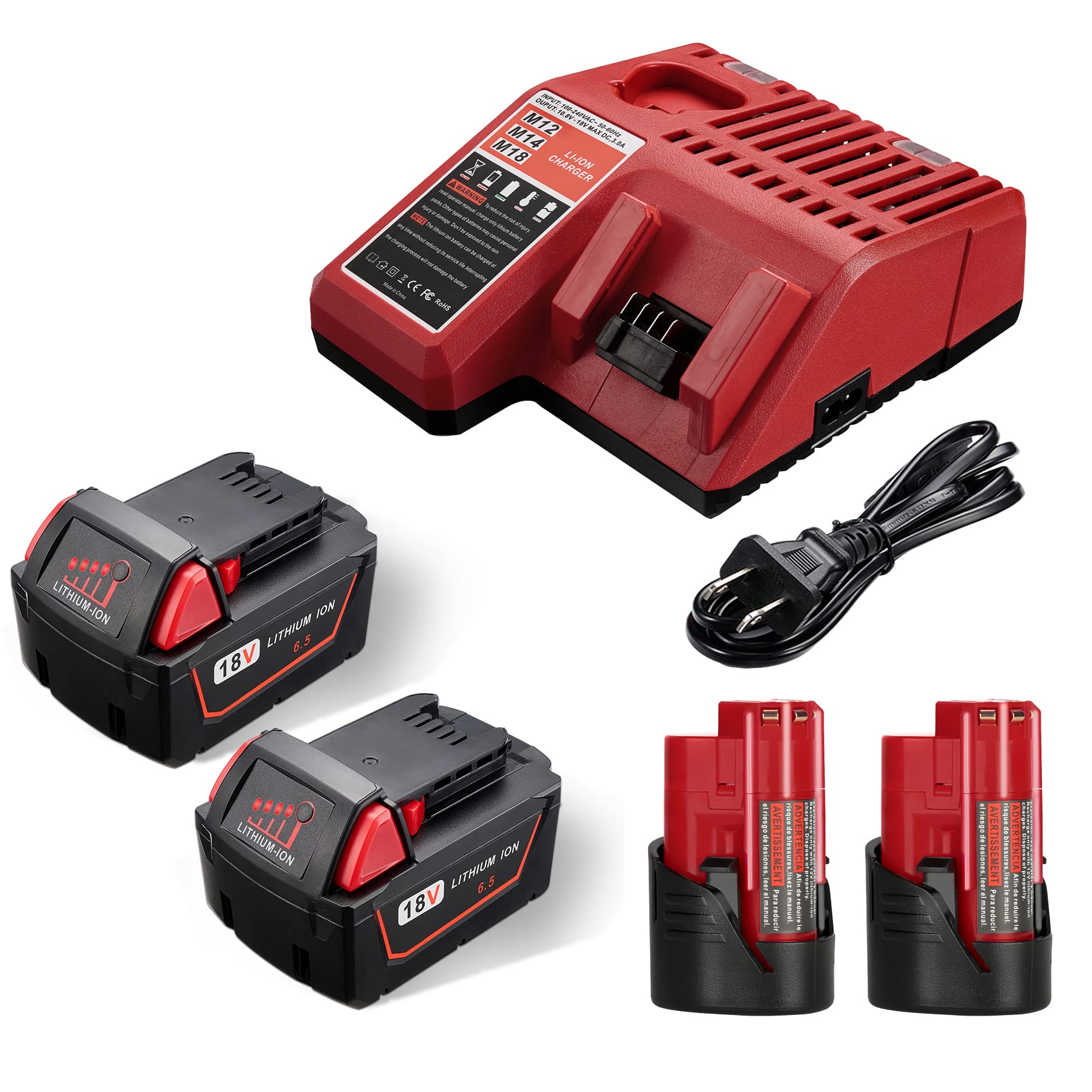 2 Pack Milwaukee M18 6.5Ah High Output Lithium-Ion Batteries & M12 3.0Ah 12V Batteries with Multi-Voltage Charger - Power Tools, Drills, Saws and Outdoor Equipment - Compatible with Milwaukee M12 & M18 Series