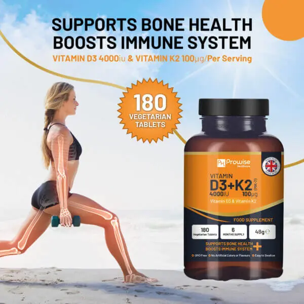 Vitamin D3 4000IU & K2 MK7 100μg Vegetarian Tablets - 180 Count (6 Month Supply) for Bone & Immune Support - Supports Heart Health & Calcium Absorption