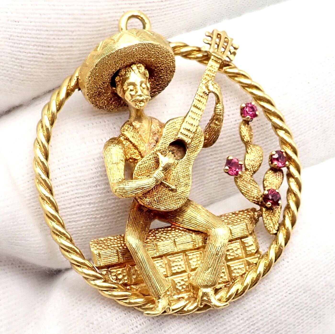 Authentic Rudi Cherny 18k Yellow Gold Guitar Player Cactus Ruby Pendant Necklace - Perfect for Music Lovers & Western Style Jewelry Gifts