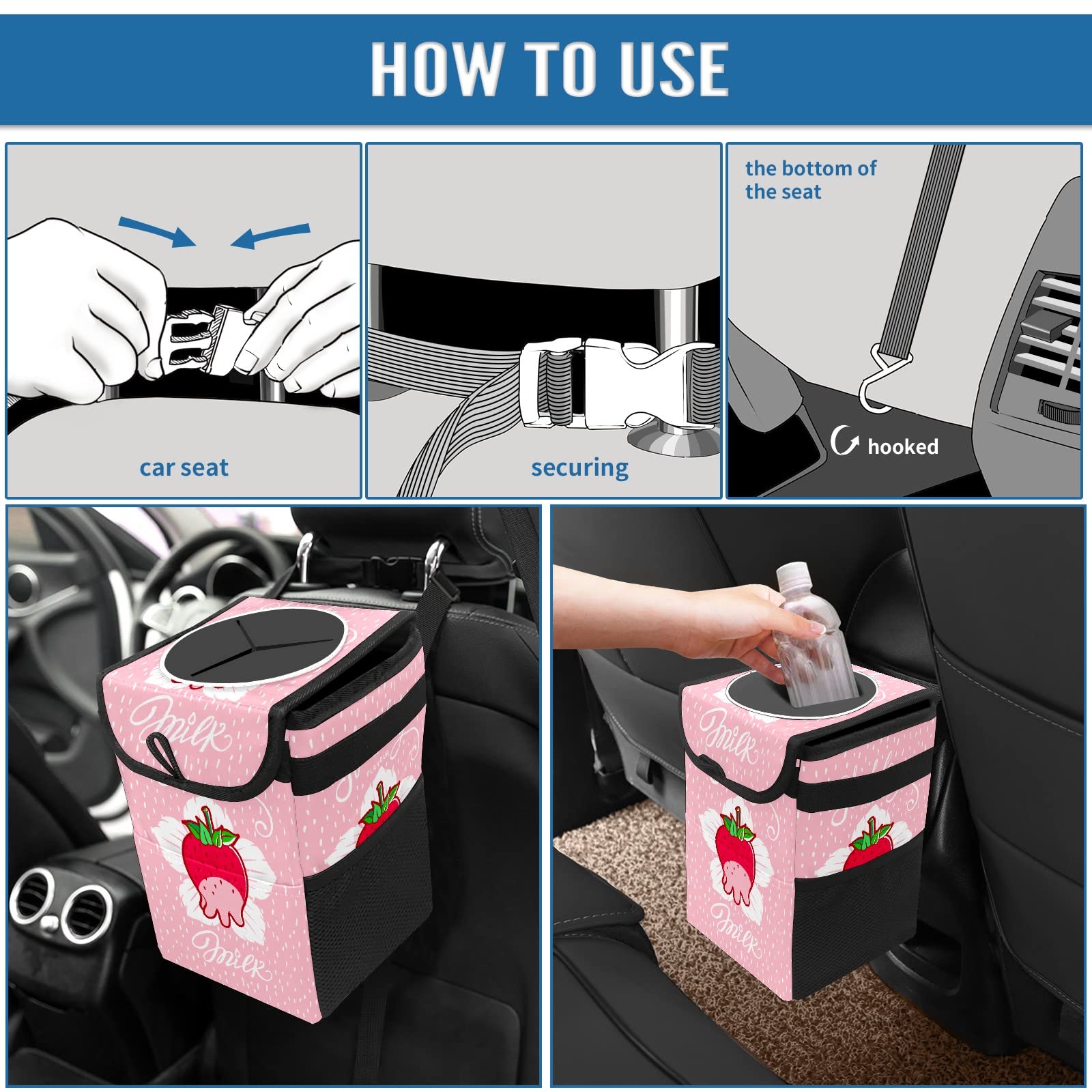 Collapsible Reusable Waterproof Car Trash Can with Lid - Strawberry Milk Design - Automotive Garbage Bin for Car, Truck & SUV - Perfect for Road Trips, Commuting & Keeping Your Vehicle Clean
