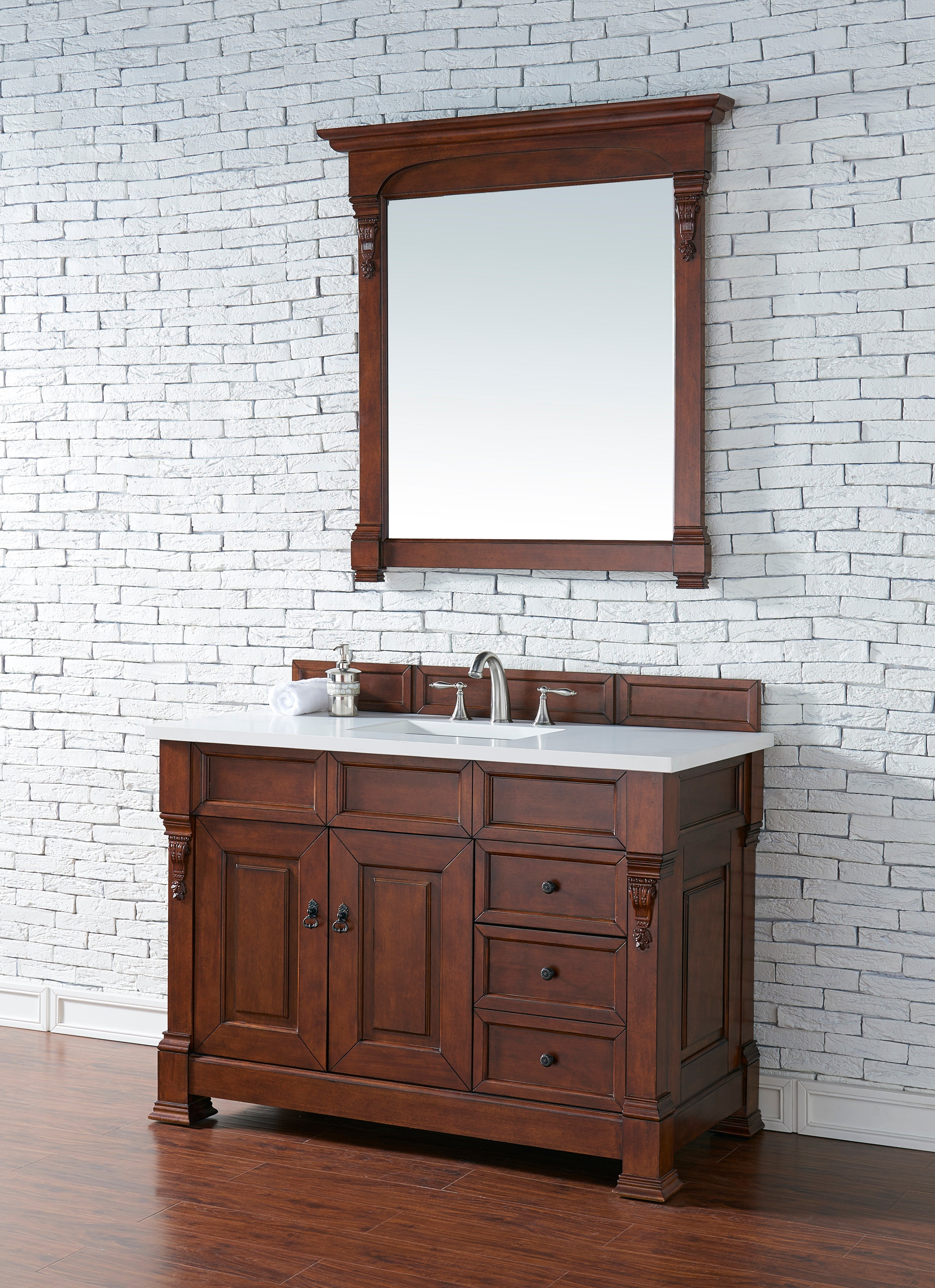 Brookfield 48 Inch Single Bathroom Vanity with Warm Cherry Finish & 3CM White Zeus Quartz Countertop - Perfect for Modern Master Bathrooms & Guest Suites