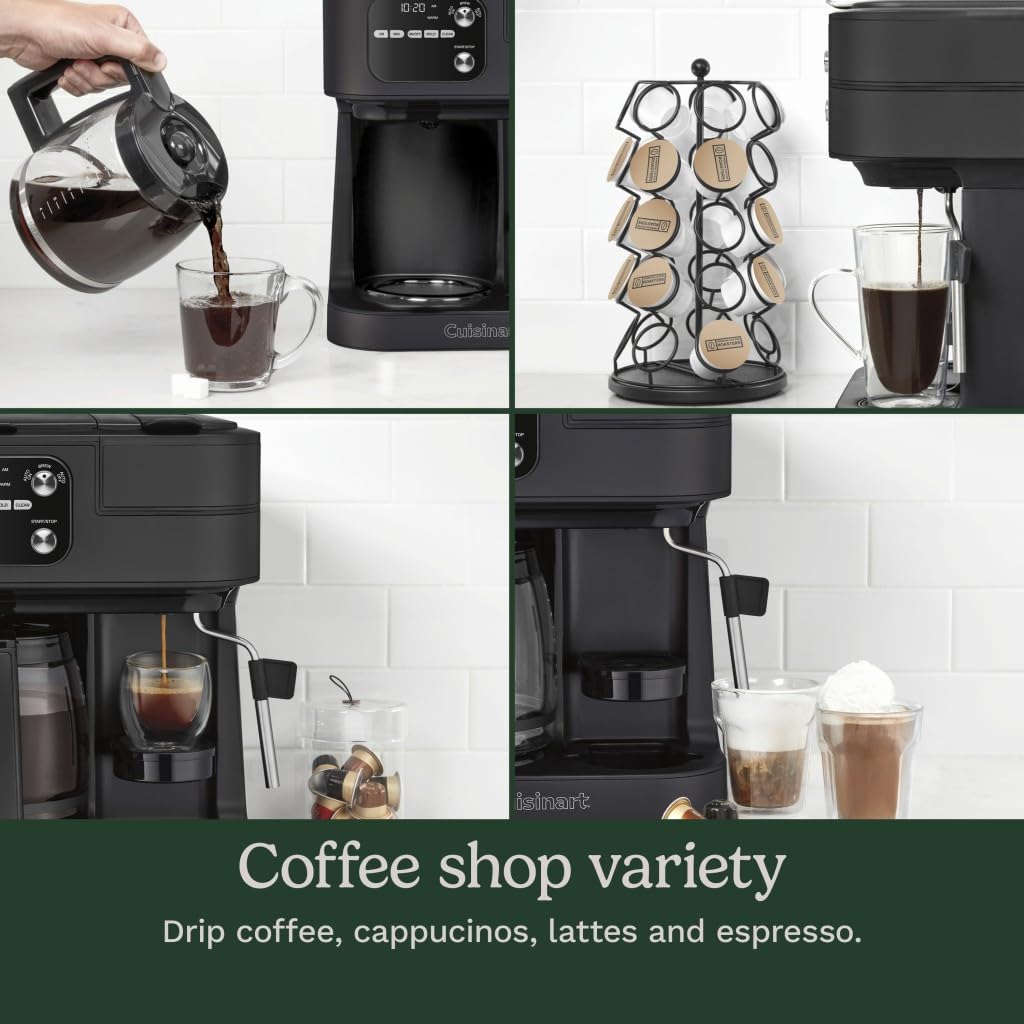 Cuisinart 4-in-1 Coffee Maker Barista System - Single Serve, Espresso & Nespresso Capsule Compatible Coffee Machine with 12-Cup Carafe (Matte Black, SS-4N1MBNAS) - Perfect for Home, Office & Small Cafes