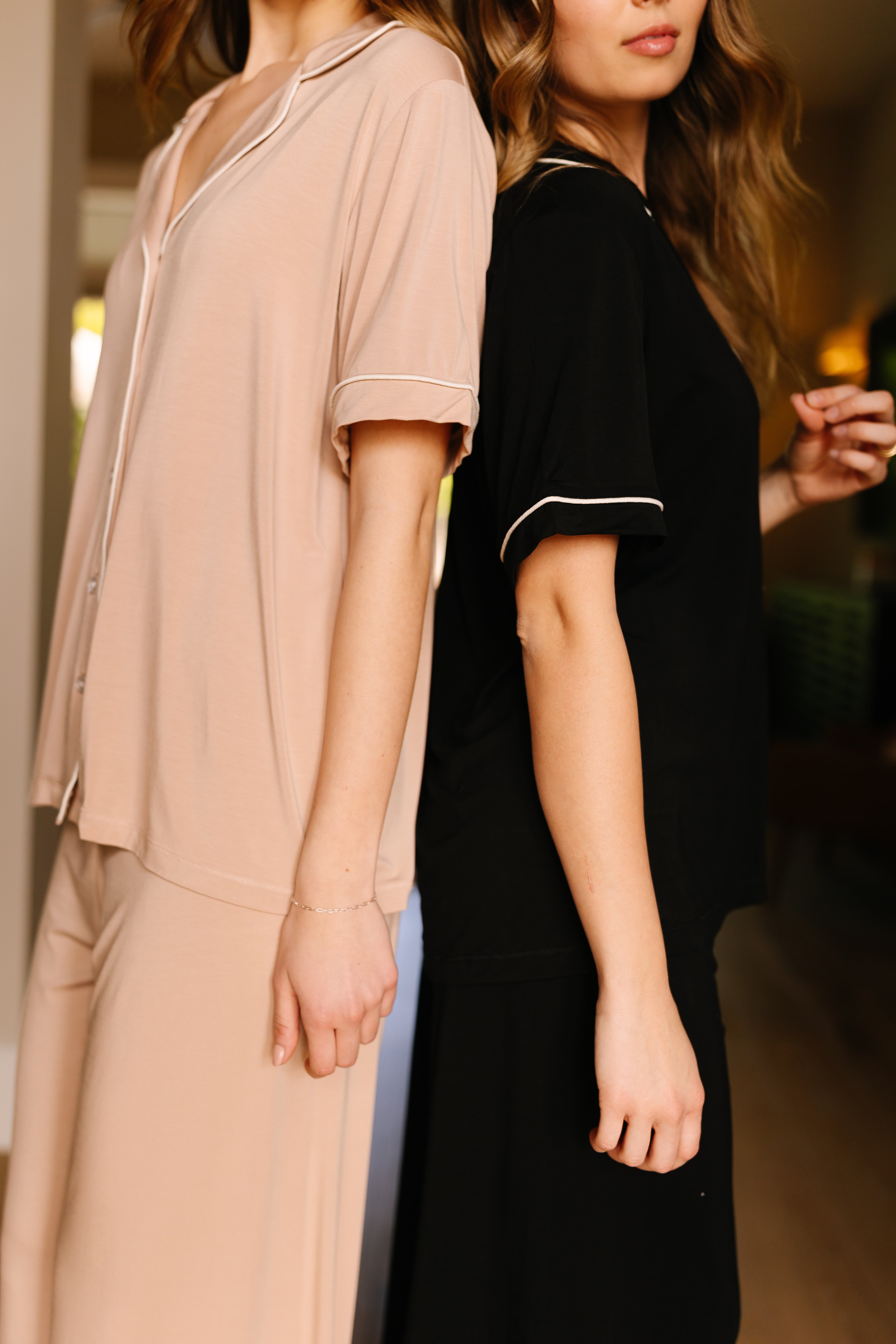 Elegant Black Tie Pajama Set for Women - Soft Short Sleeve Sleepwear for Comfortable Nights & Relaxing Evenings at Home