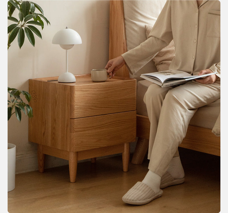 Oak Solid Wood Smart Nightstand with Wireless Charger, USB Ports & Built-in Lamp - Perfect for Bedroom, Living Room & Office