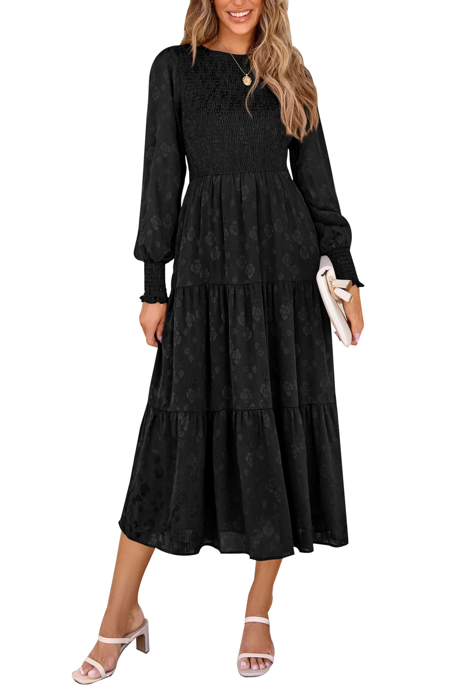PRETTYGARDEN Women's Floral Midi Dress with Long Sleeves & Pockets - Elegant Smocked Waist Wedding Guest Dress for Spring & Fall - Perfect for Bridal Showers, Garden Parties & Date Nights
