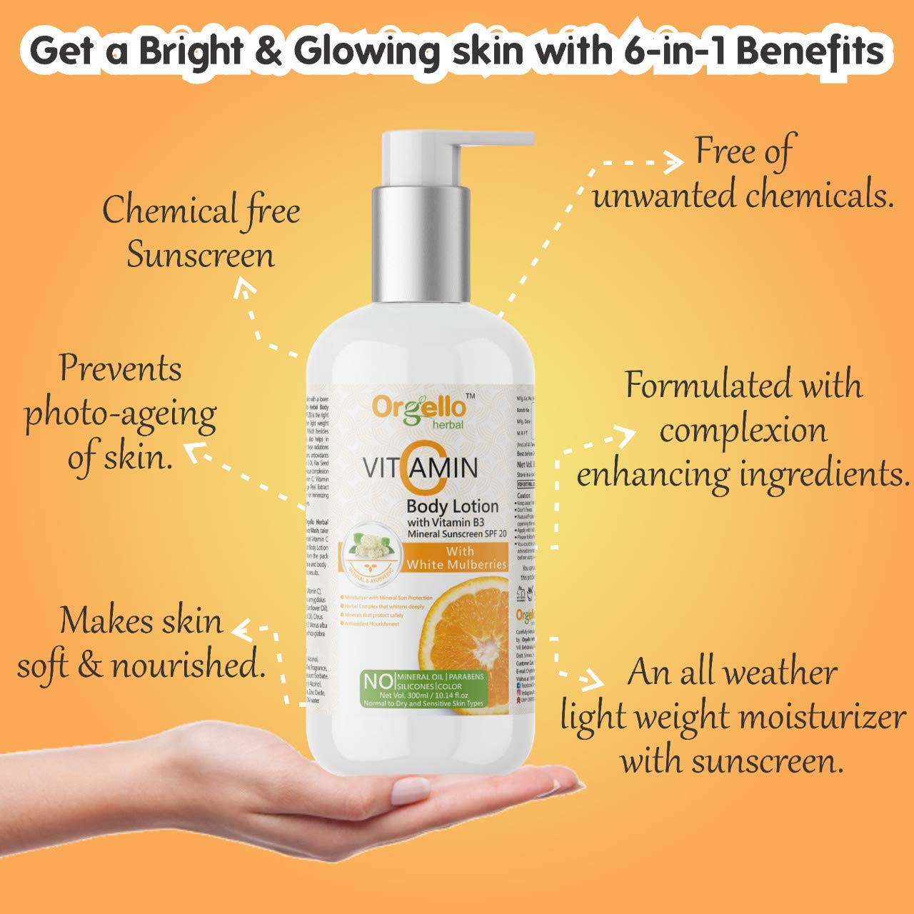 Orgello Herbal Vitamin C Body Lotion with SPF | Mineral Sunscreen Moisturizer (300ml) | Niacinamide, Licorice & Flax Seed Oil | Paraben-Free Skincare | Perfect for Daily Sun Protection & Hydration