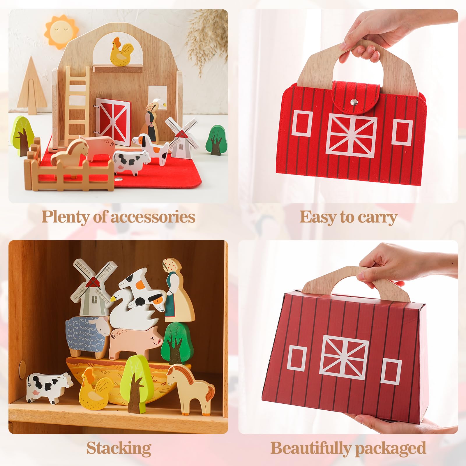 Wooden Barn Farm Animal Toys for Kids Ages 3-5 | Montessori Learning Toys with Red Barn | Portable Playset for Toddlers | Perfect Birthday Gift for Boys & Girls | Farm-Themed Pretend Play for Preschool Education