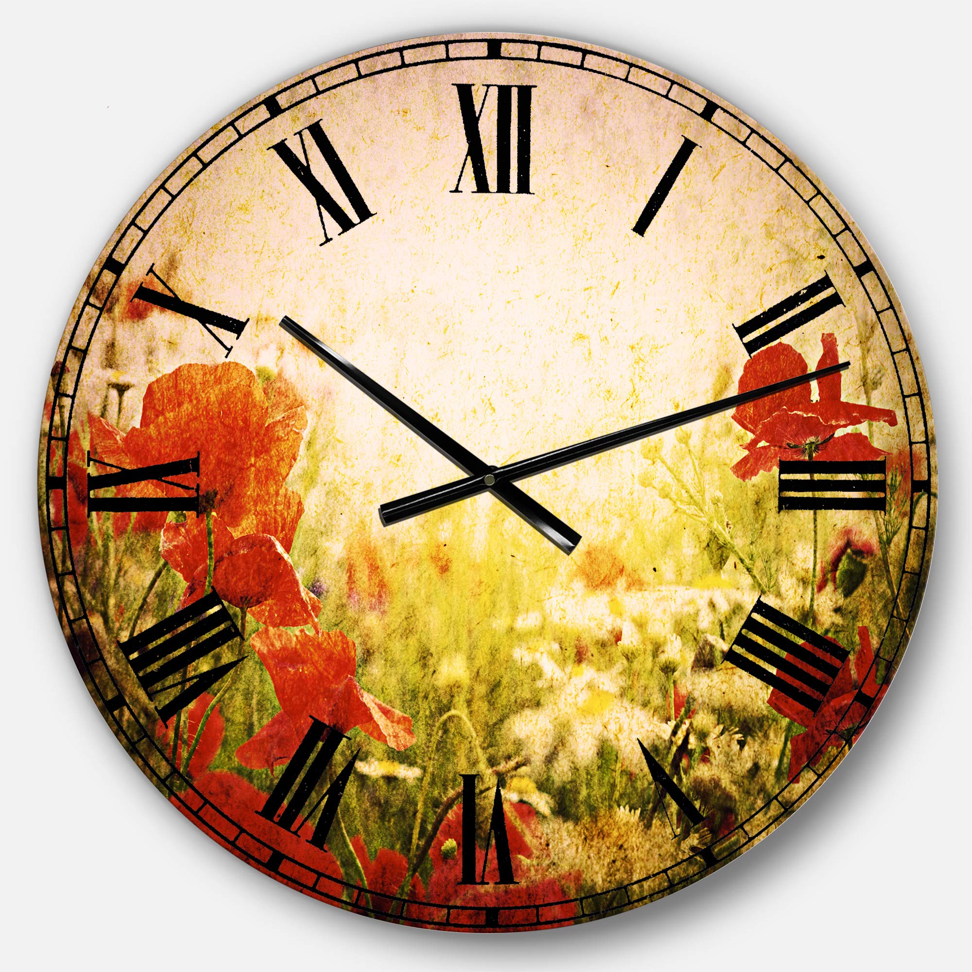 Designart Grunge Background Red Poppies Wall Clock - Traditional Round Metal Wall Art Decor for Living Room, Bedroom, Office | Perfect for Home Decor, Farmhouse Style & Vintage Interior Design