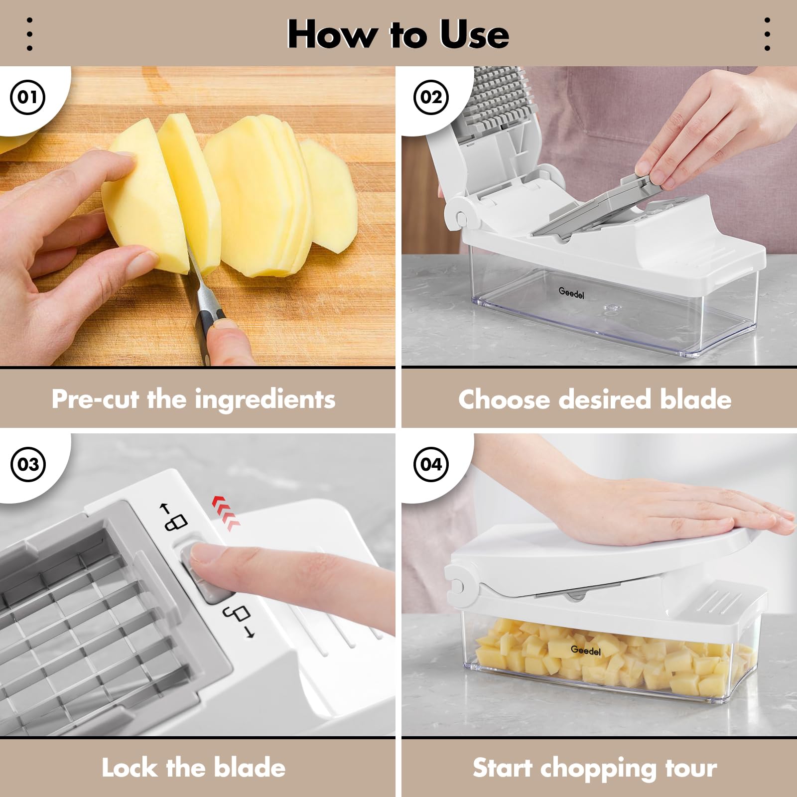 Geedel 4-in-1 Vegetable Chopper for Onion, Potato, Carrot - Perfect for Salad Prep & Cooking