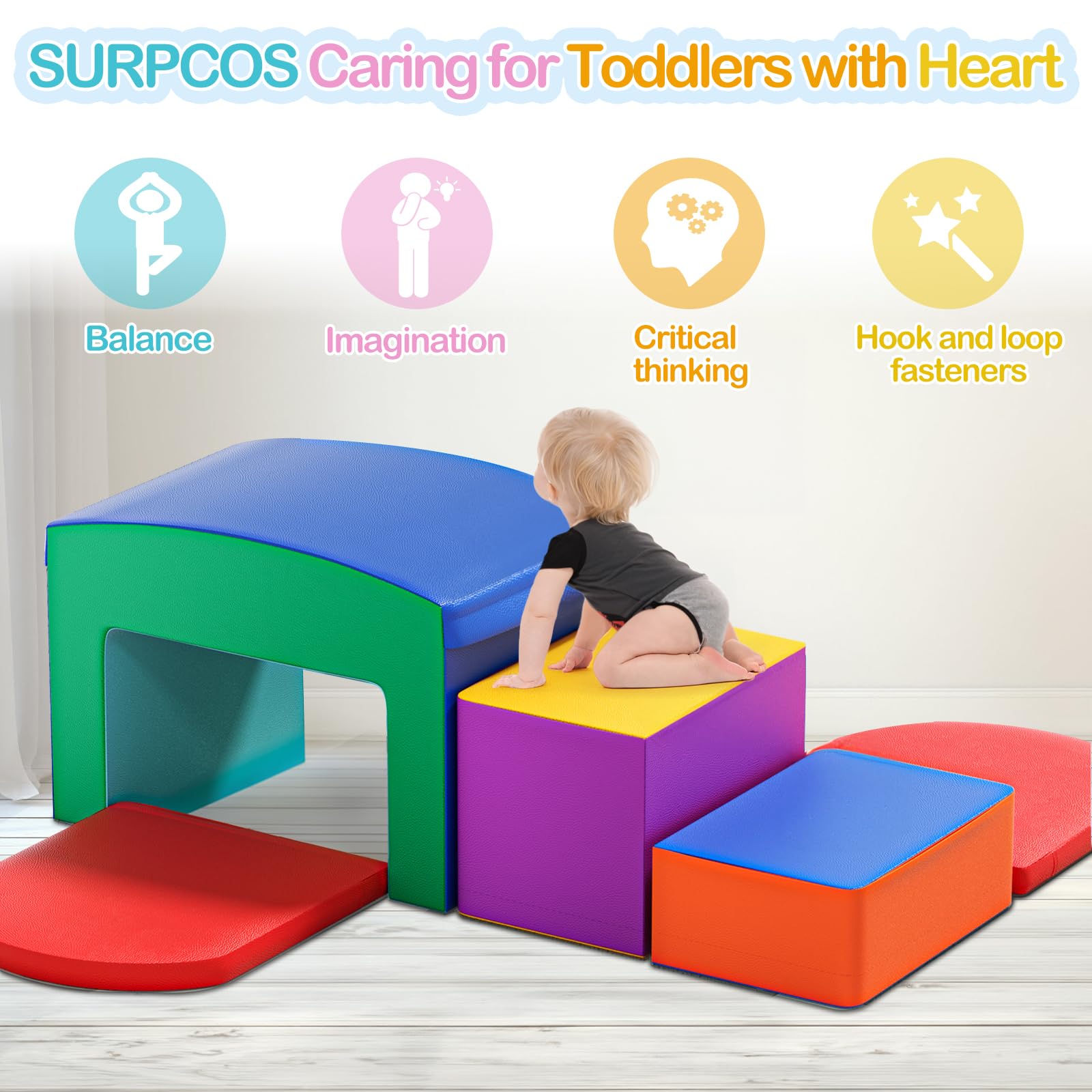 **SURPCOS 6-Piece Soft Foam Climber Play Set for Toddlers 1-3 – Indoor Crawl & Climb Toy with Slide, Stairs & Ramp – Safe & Colorful Toddler Climbing Gym for Playrooms, Daycares & Home Use**