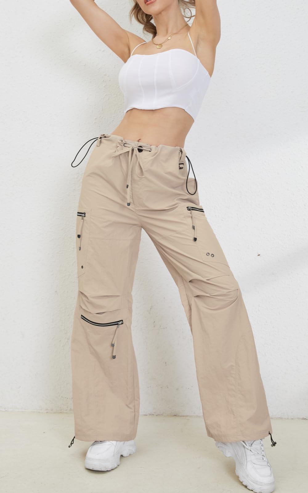 Women's High Waist Loose Fit Cargo Pants with Drawstring & Elastic Waistband - Stylish Parachute Pants with Multiple Pockets for Outdoor, Hiking, and Casual Wear