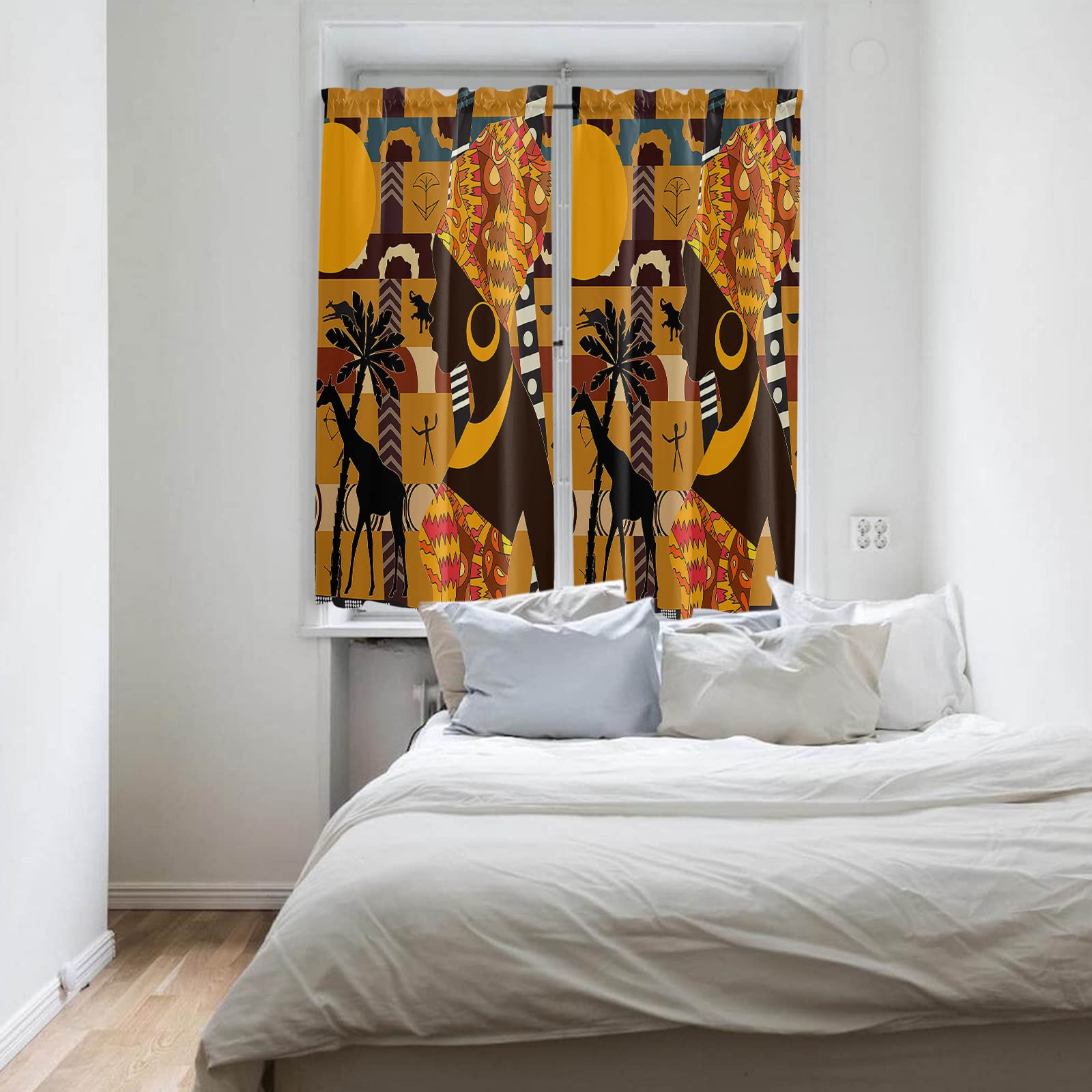 African Black Women Elephant Giraffe Print Tier Curtains - 42x63 Inch Rod Pocket Kitchen & Bathroom Drapes, 2 Panels for Living Room & Small Windows - Privacy Half Window Treatments for Cafe, Bedroom & Home Decor