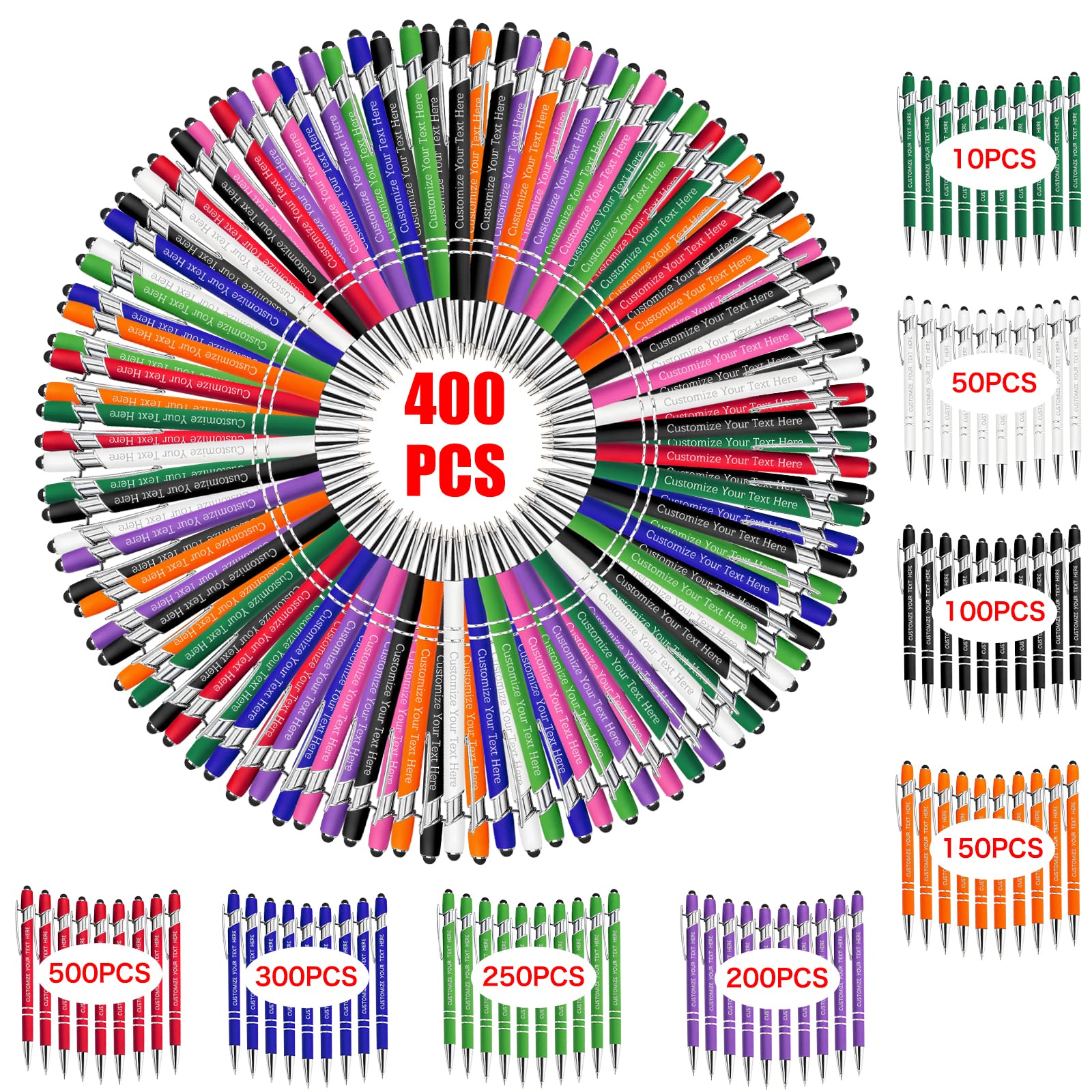400 Bulk Custom Ballpoint Pens with Stylus - Personalized Engraved Pens for Business, Christmas, Graduation Gifts - Premium Office & Promotional Supplies for Corporate Events, Weddings & Branding