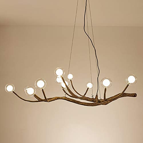 Modern Adjustable Wood Branch LED Chandelier - 36W 12-Light Glass Globe Pendant Light Fixture with White Bulbs Included - Perfect for Living Room, Dining Room, Restaurant & Bar Decor