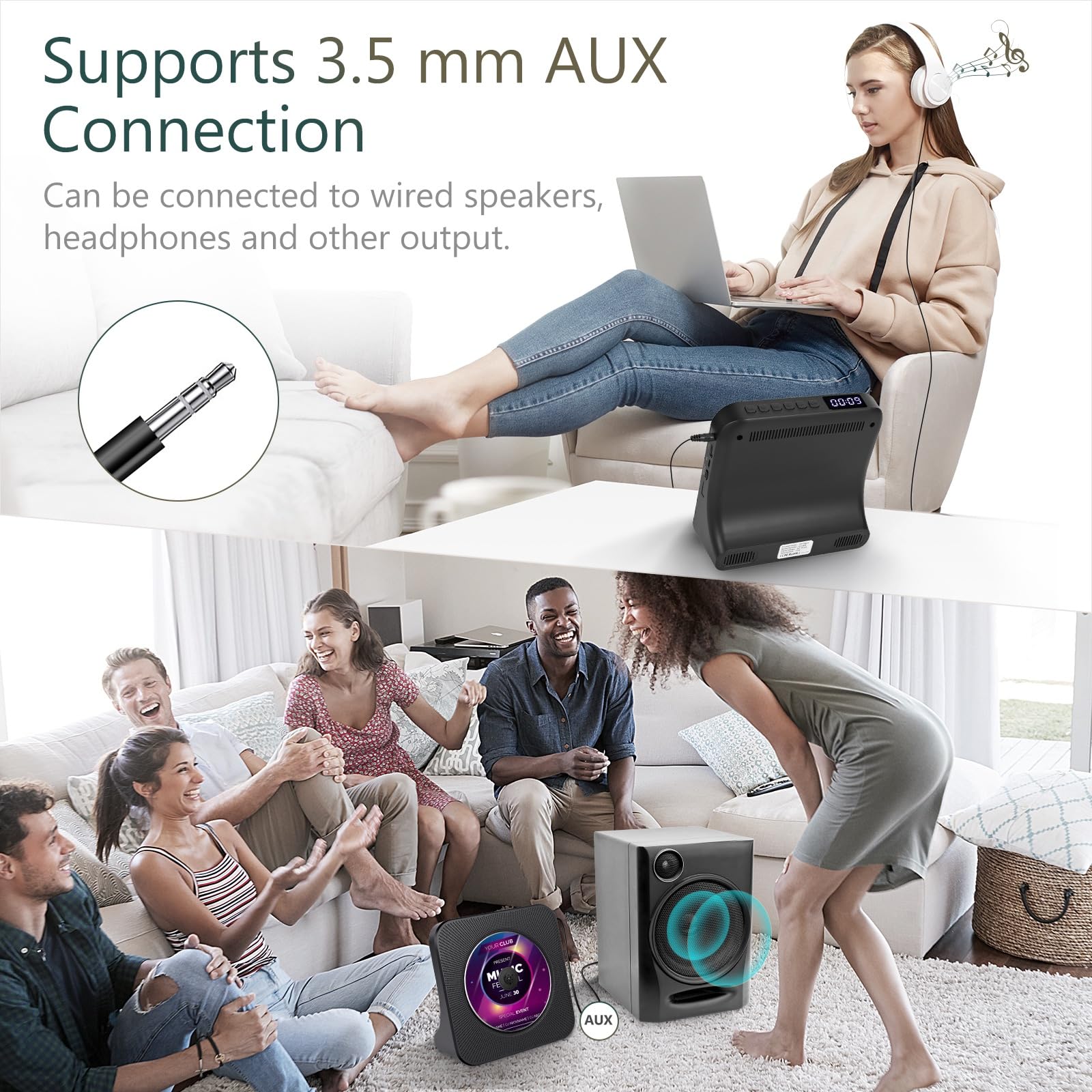 Portable Bluetooth CD Player with Built-in Speakers, AUX/USB Port, LCD Display & Remote Control - Wireless Music Streaming for Home, Office & Car Use | Dustproof Cover & Sleep Timer Function