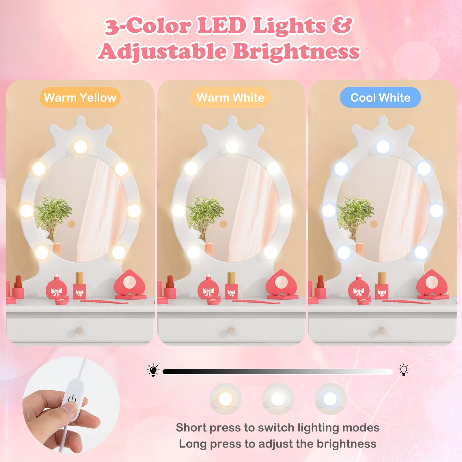 HONEY JOY Kids Vanity Set with LED Lights - Princess Wooden Makeup Table & Stool with Drawer, 3-Color Adjustable Lighting, Toddler Dressing Vanity for Girls Ages 3-8, Pretend Play Furniture for Bedroom & Playroom (White) - Perfect for Birthday Gifts & Role Play Activities