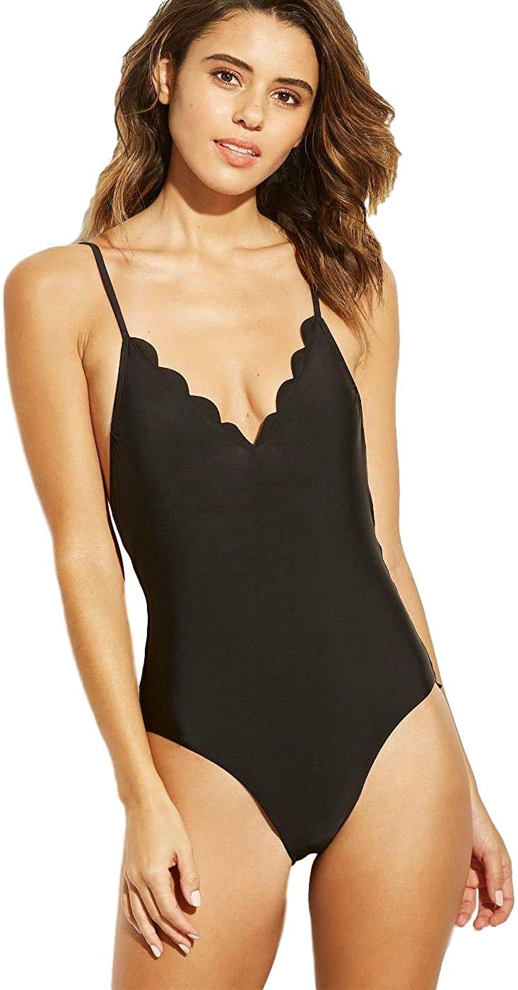 Xhilaration Women's Scallop One Piece Swimsuit - Sexy High Cut Bathing Suit with Ruffled Trim for Beach, Pool & Vacation | Plus Size Swimwear Options Available