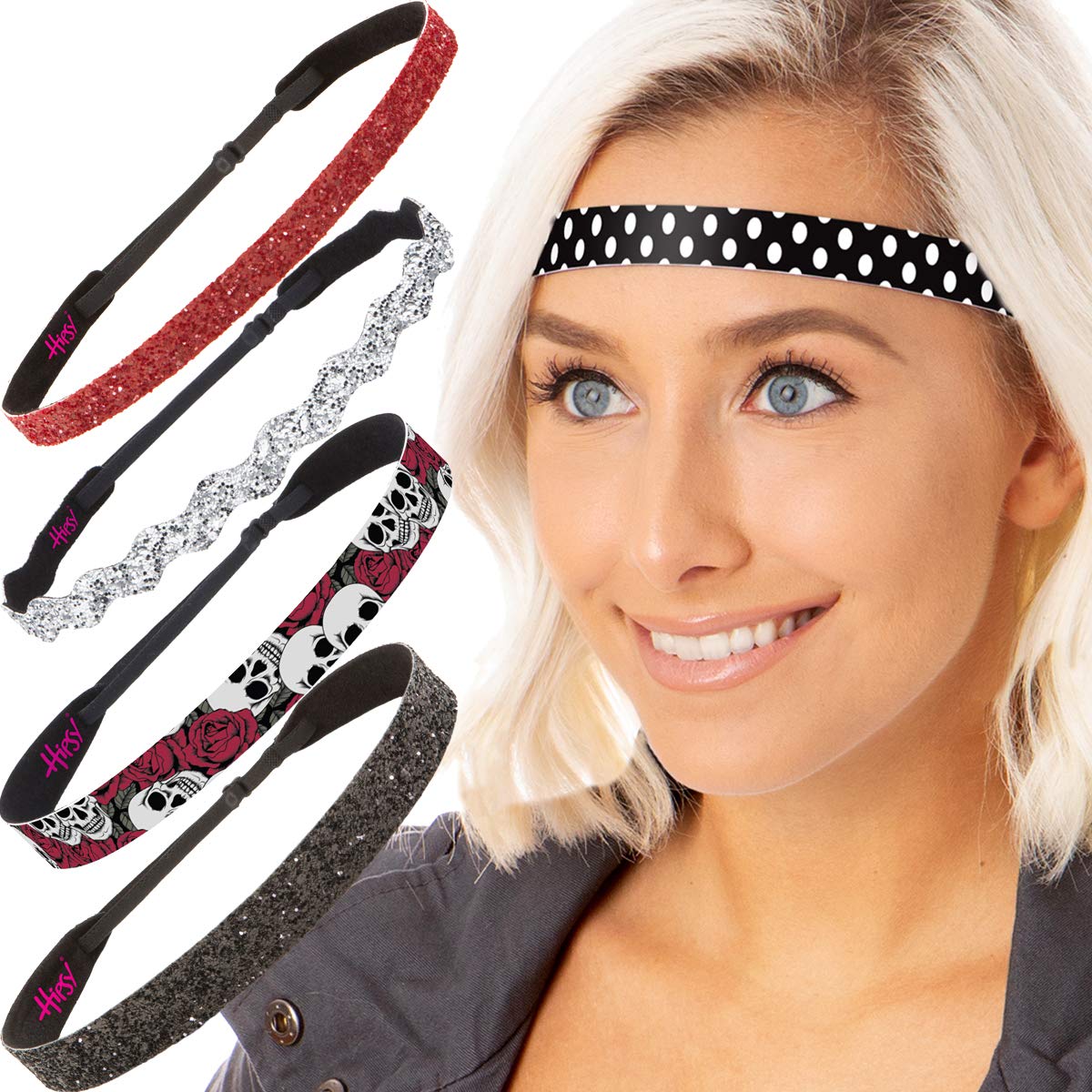 Hipsy Adjustable No Slip Bling Glitter & Fashion Printed Headbands for Women, Girls & Teens - Mixed 5-Pack (Red Multi) - Perfect for Sports, Workouts, School, and Everyday Fashion Accessories