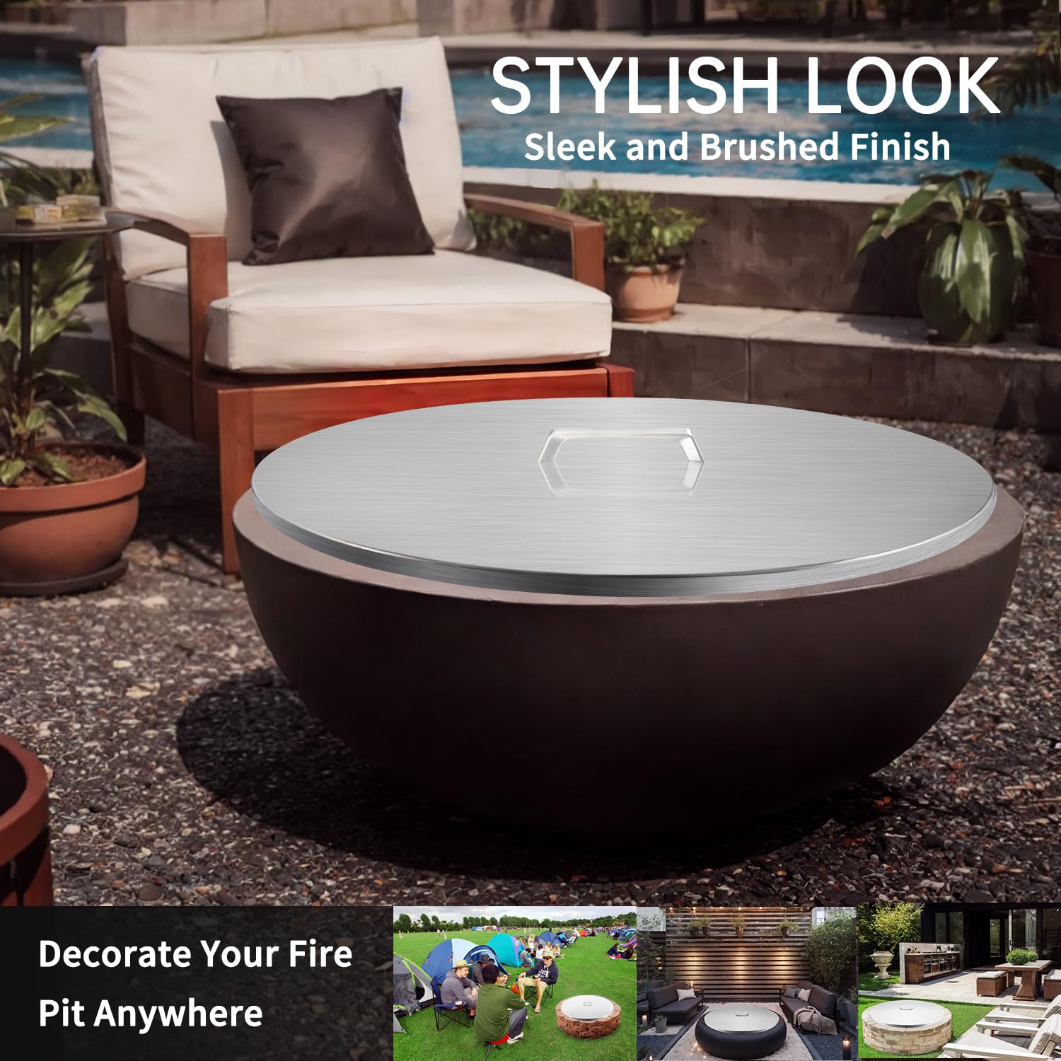 34 Inch Fire Pit Cover - Heavy-Duty 304 Stainless Steel Round Fire Pit Lid for 30/31 Inch Flat & Drop-In Burner Pans | Weatherproof Outdoor Protection for Patio, Backyard, Camping & Deck Use