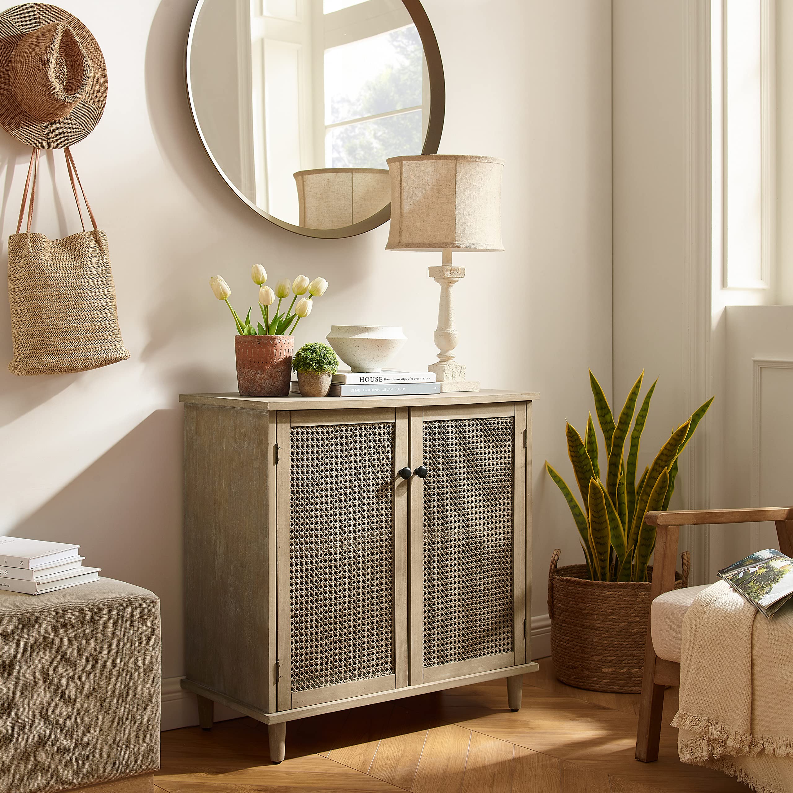 Art Leon 2-Door Rattan Storage Cabinet - Antique Natural Buffet Sideboard for Kitchen, Dining Room, Hallway & Living Room | Perfect for Organizing Dishes, Linens & Home Decor