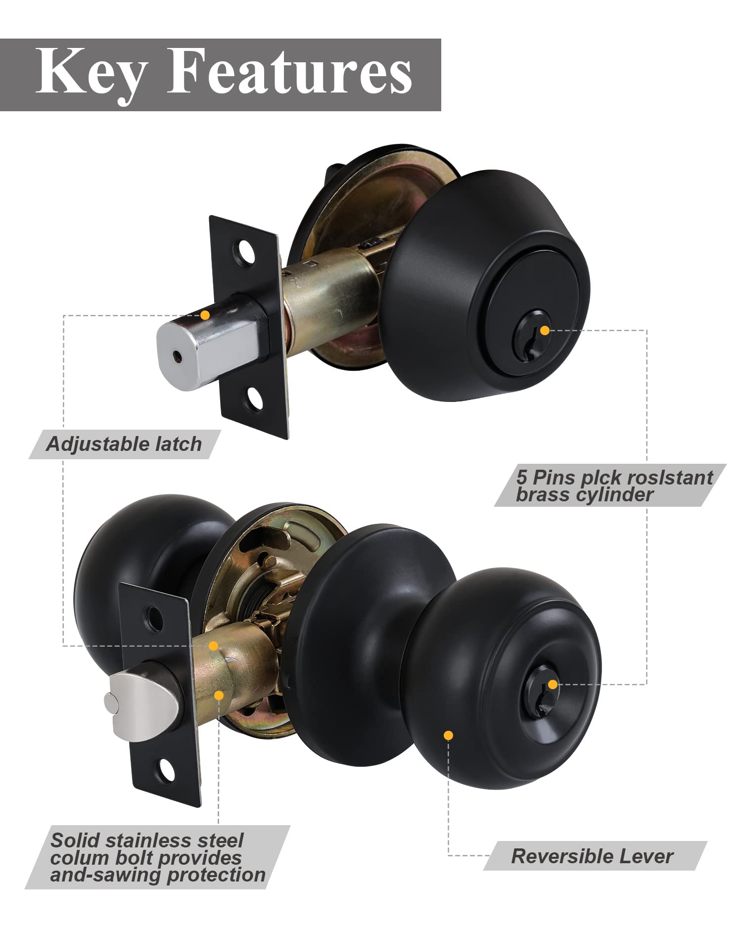 Lanwandeng Matte Black Entry Door Knob and Deadbolt Lock Set - All Keyed Alike for Front Door Security | Classic Flat Ball Design for Home, Office & Apartment Use