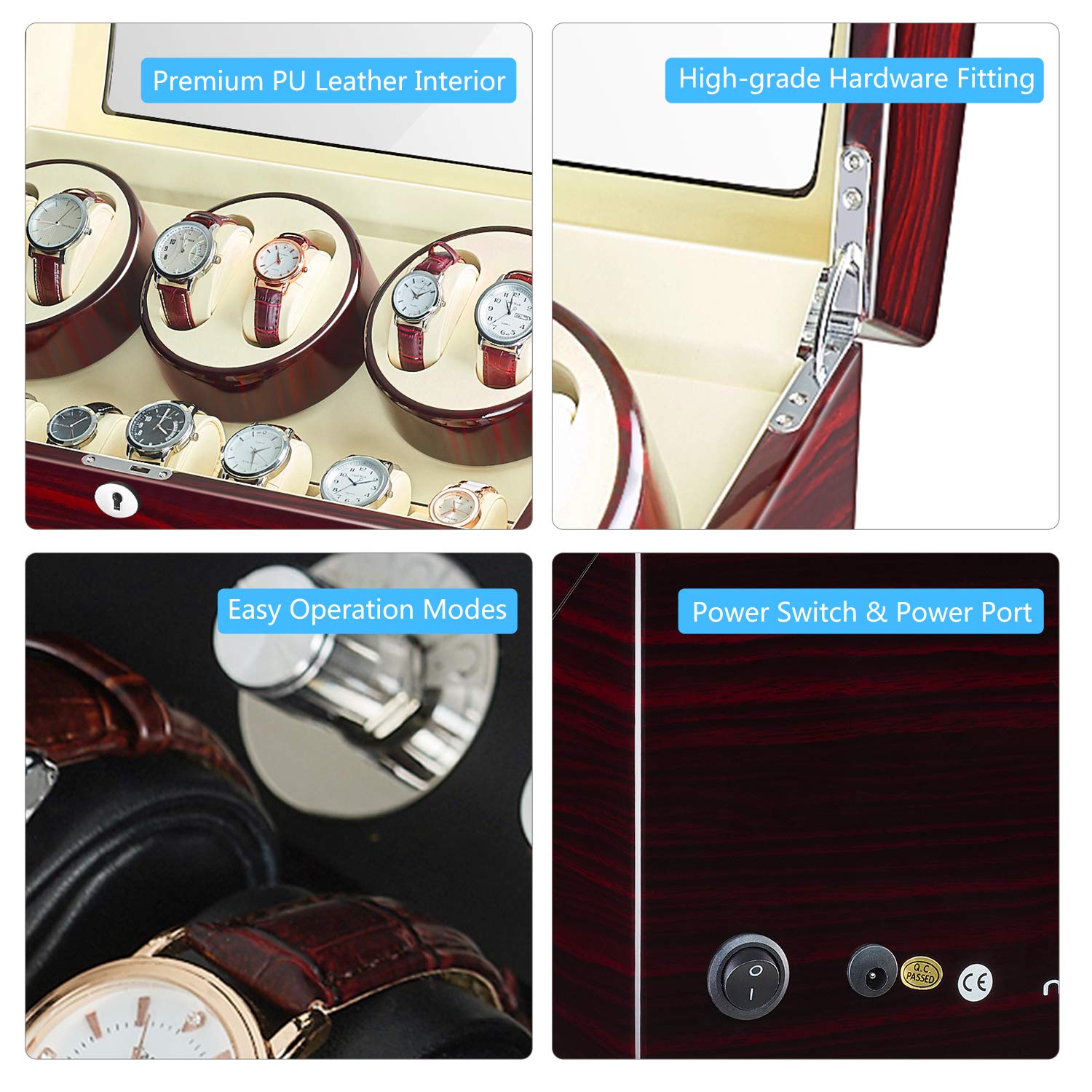 JQUEEN 6 Watch Winders with 7 Storage Slots & 3 Ultra-Quiet Mabuchi Motors - Perfect for Automatic Watch Collection, Display & Maintenance at Home or Office