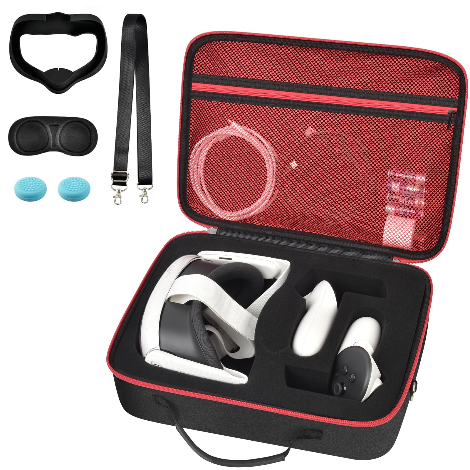 Meta Quest 3/3S & Oculus Quest 2 VR Headset Travel Case - Protective Hard Shell Storage Bag with Silicone Face Cover, Lens Protector & Accessories (Red Zipper) - Perfect for Gaming, Travel & VR Equipment Protection