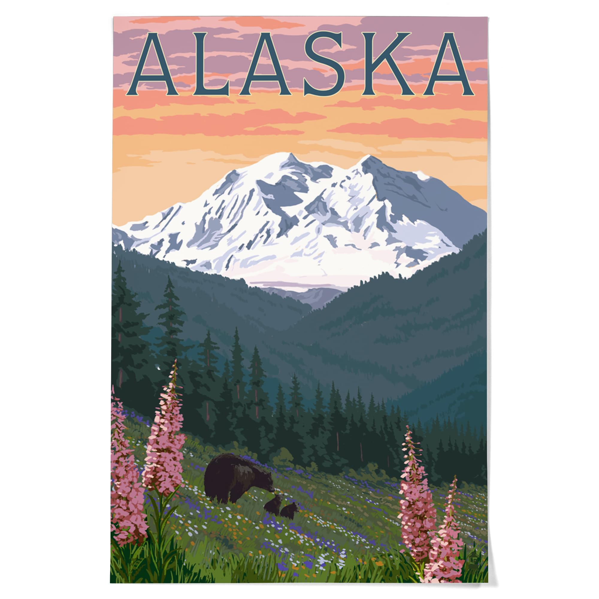 Lantern Press 36x54 Inch Giclee Art Print - Alaska Wildlife Wall Decor with Bear and Spring Flowers | Premium Canvas Art for Living Room, Bedroom & Office