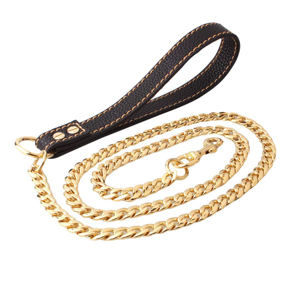 Premium Heavy Duty Dog Leash with Soft Padded Leather Handle & Gold Stainless Steel Chain - Strong Traction Rope for Small & Large Dogs - Perfect for Walking, Training & Outdoor Adventures