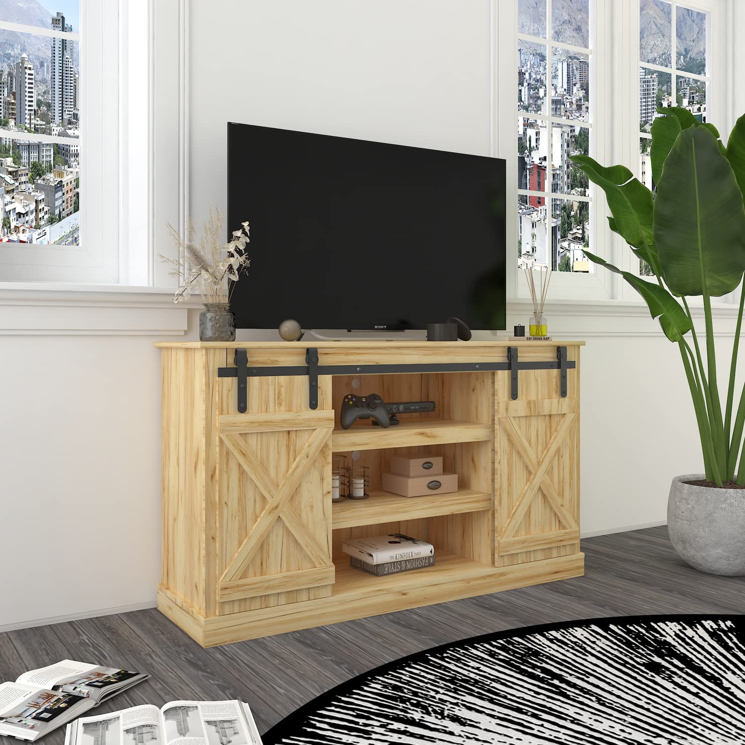 Farmhouse TV Stand with Sliding Barn Doors - 55 Inch Entertainment Center with Storage Cabinet & Adjustable Shelves - Rustic Oak TV Console for Living Room, Bedroom, Home Theater