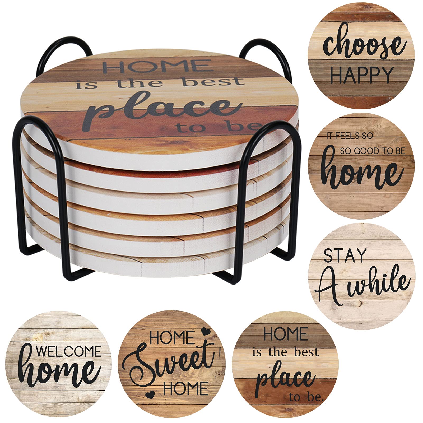 Adorever 6-Pack Absorbent Ceramic Drink Coasters with Holder - Rustic Farmhouse Style for Coffee Table Protection | Perfect Housewarming Gift & Home Decor for Kitchen, Living Room, and Dining Room Use