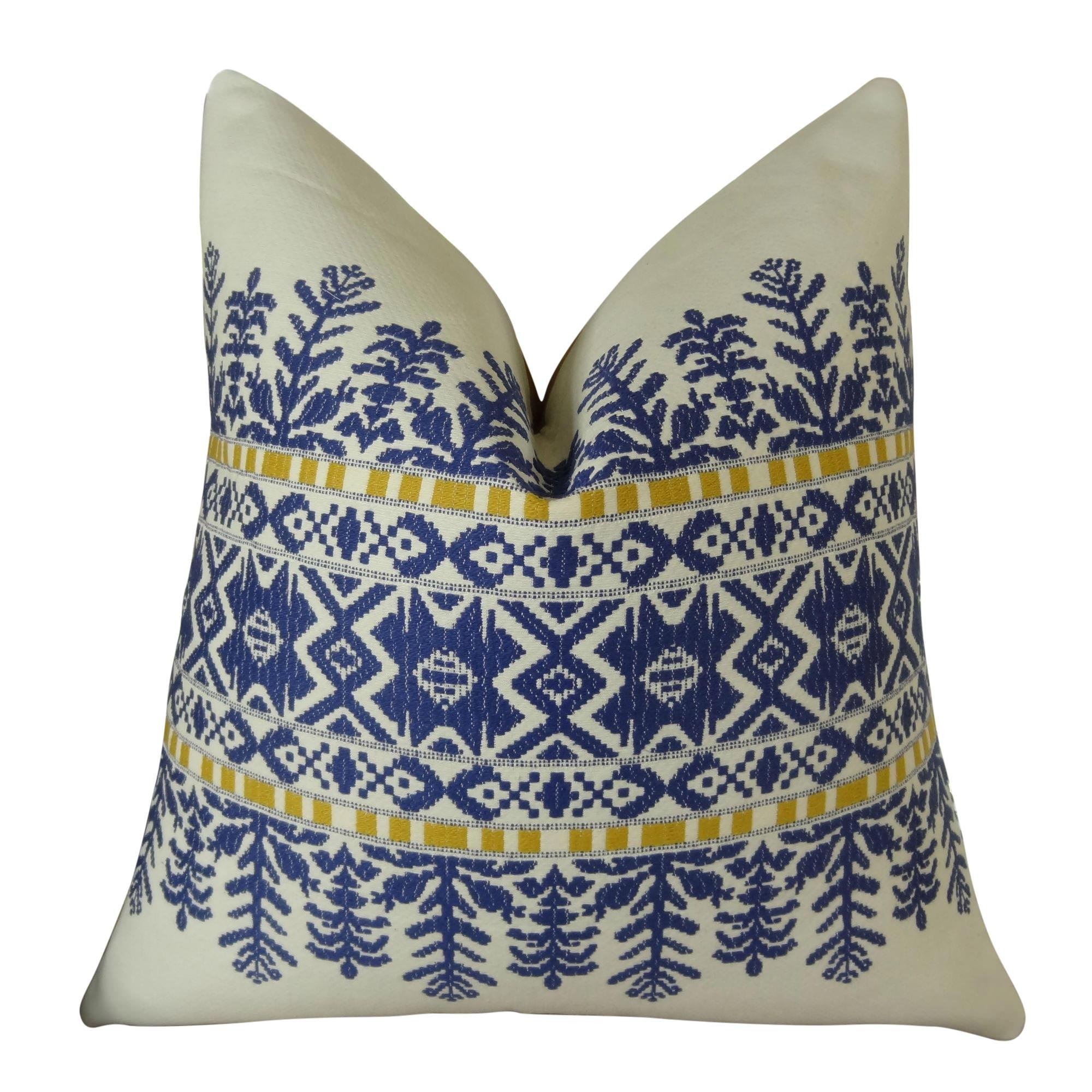 Aztec Blue White Yellow Embroidered Decorative Throw Pillow - Handmade Tribal Cushion Cover - Boho Home Decor for Living Room, Bedroom, Sofa - Made in USA