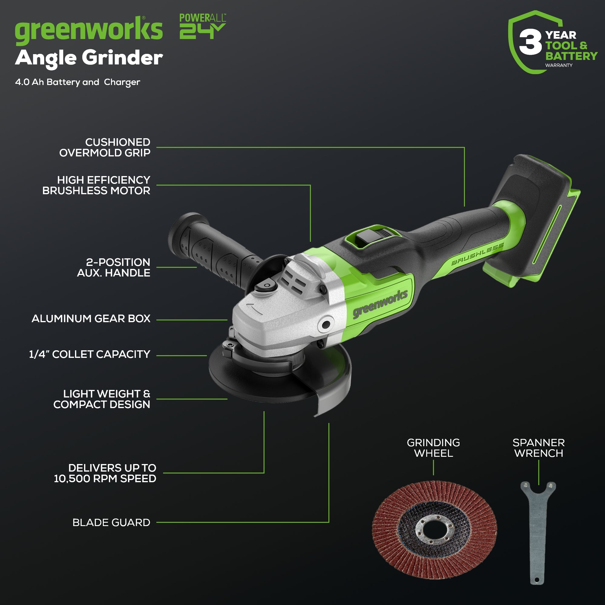 24V 4.5 Cordless Battery Angle Grinder with 4.0Ah Battery & Fast Charger - Perfect for Metal Cutting, Grinding & DIY Projects