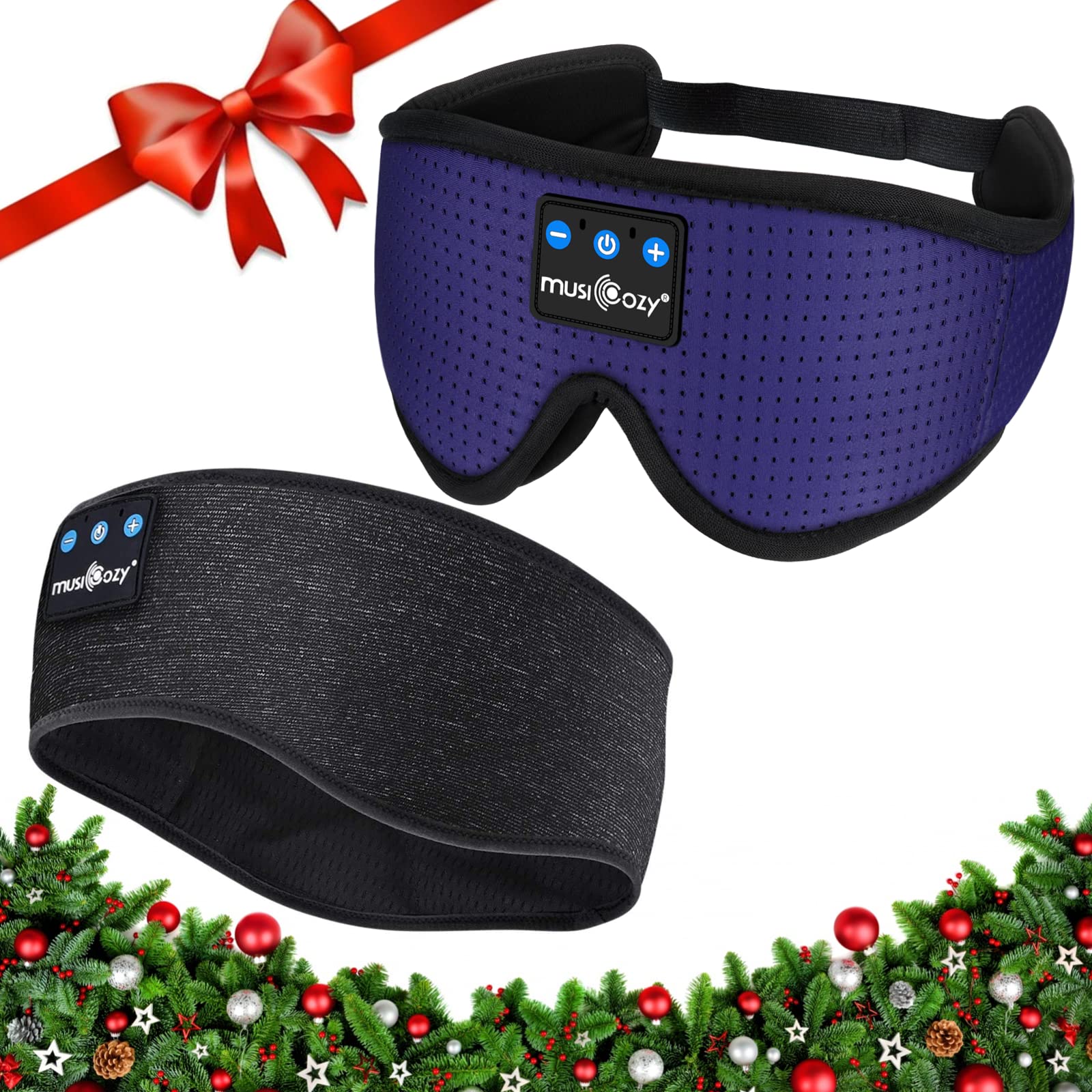 MusiCozy Bluetooth 5.2 Sleep Headphones & Eye Mask for Side Sleepers - Wireless Earbuds with Ultra Thin Speakers, Built-in Mic, Washable Design (2-Pack) - Perfect for Air Travel, Meditation & Nighttime Relaxation