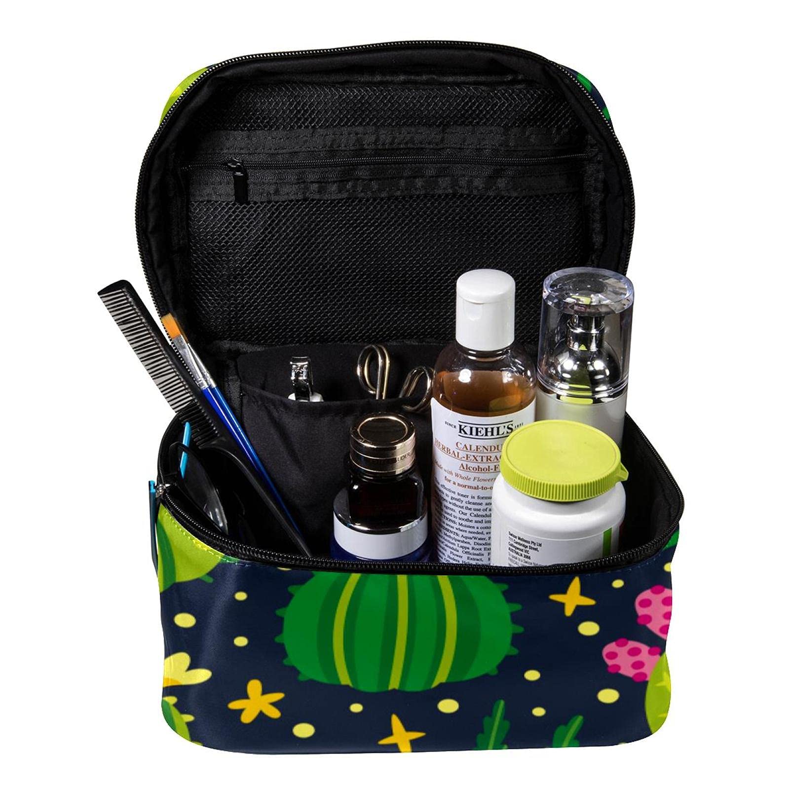 **Cute Cartoon Cactus Print Large Travel Makeup Bag for Women & Girls - Waterproof Cosmetic Organizer with Zipper - Perfect for Travel, Gym, and Daily Use**