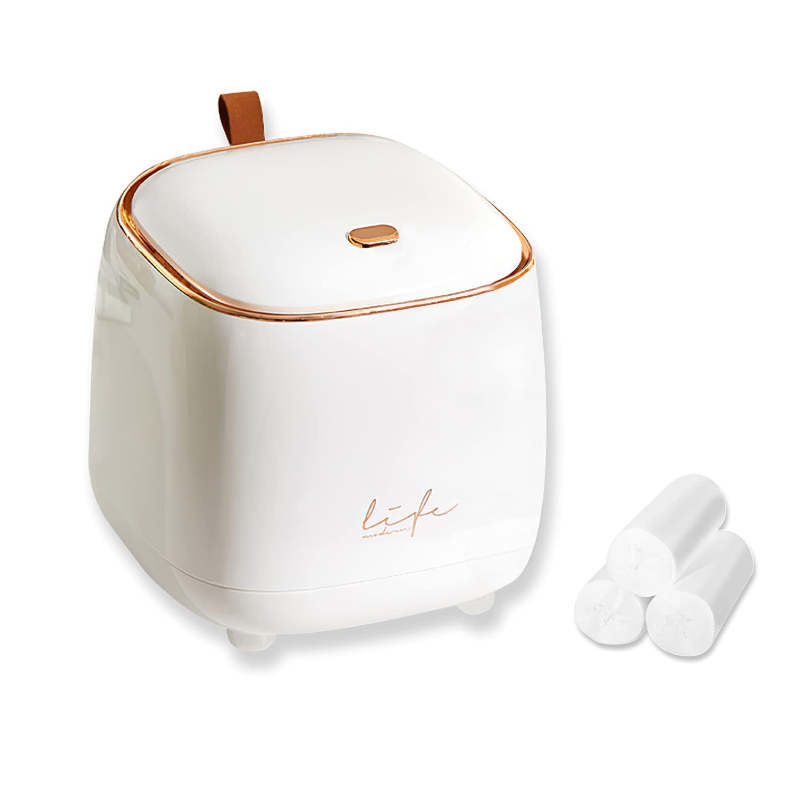 Mini Countertop Trash Can with 3 Rolls of Trash Bags - Press Type Lid Small Waste Bin for Bathroom Vanity, Coffee Table, Office Desk - Compact White Garbage Can for Home & Office Use