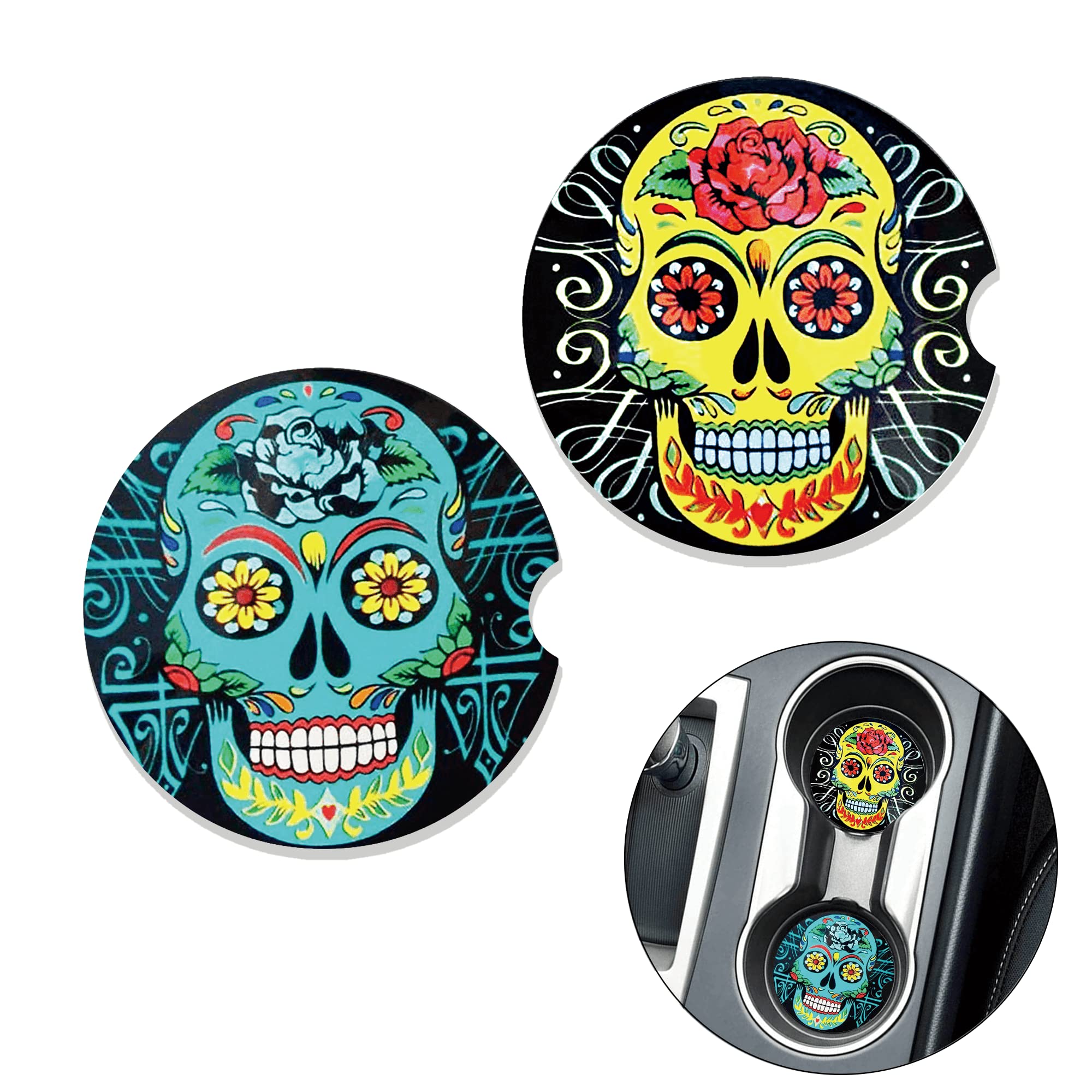 2 Pack Gothic Skull Car Coasters - Non-Slip Cup Holder Drink Mats for Women, Unique Car Accessories & Halloween Gift for Women, Friends, Colleagues | Perfect for Coffee, Soda & Beverages in Vehicle