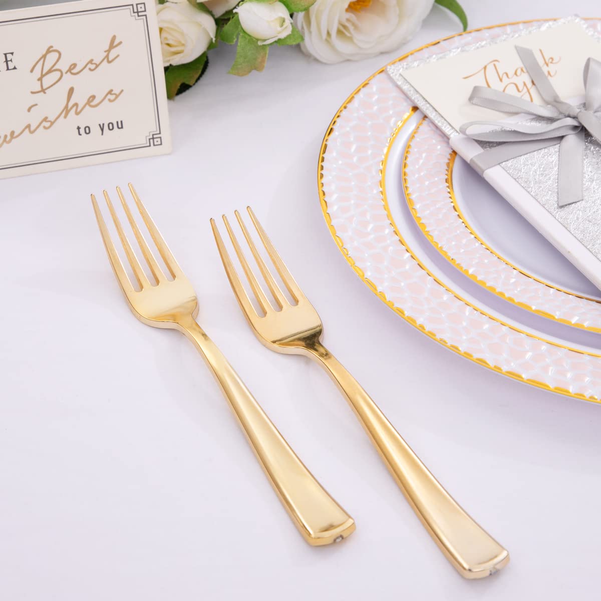 60 Pack Gold Plastic Plates & 200 Gold Plastic Forks - 7.4 Inch Heavy Duty Disposable Tableware Set for Parties, Weddings, Christmas - Elegant White & Gold Dinnerware for Celebrations, Events, and Holiday Gatherings