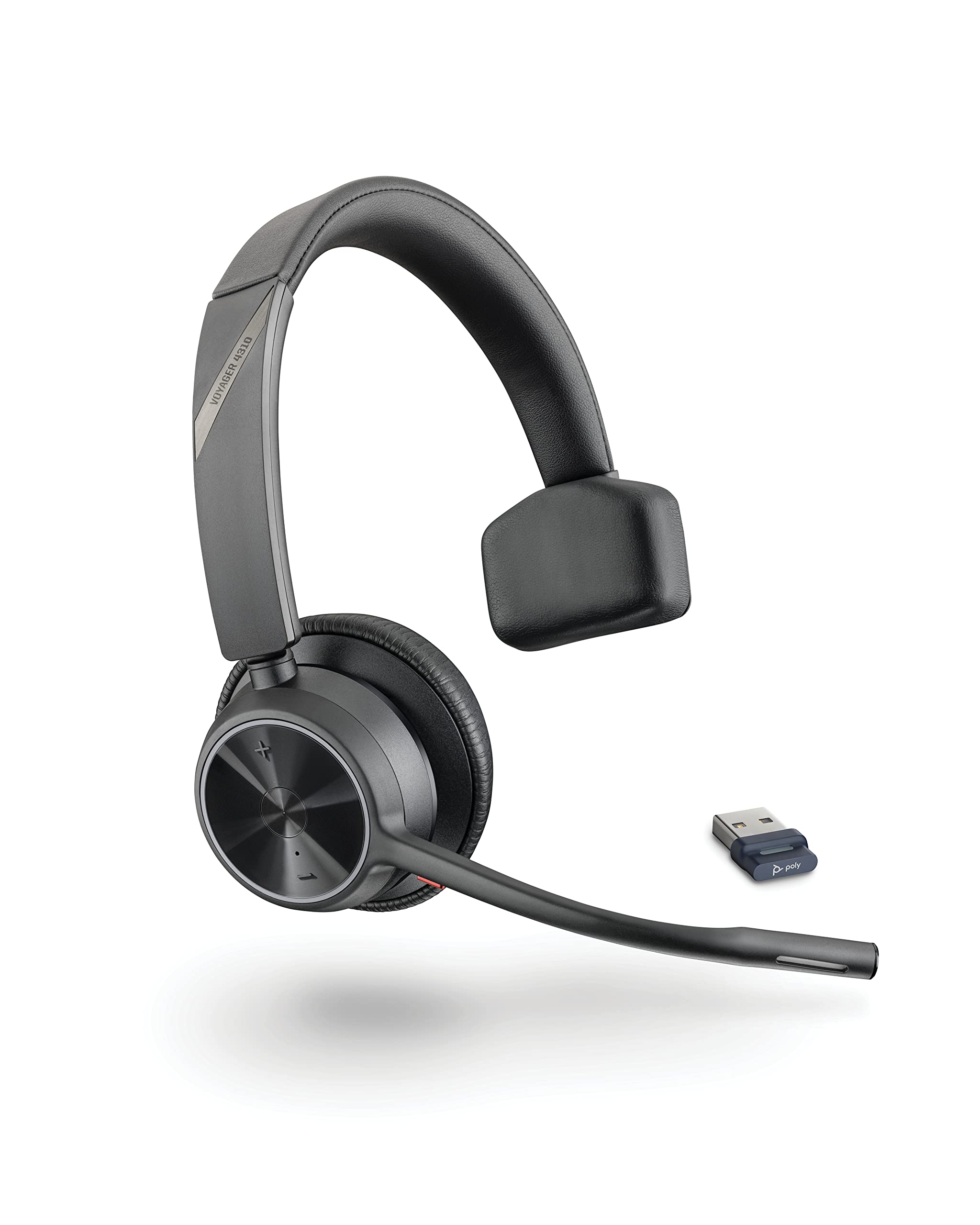 Poly Voyager 4310 UC Wireless Headset (Plantronics) - Single-Ear Bluetooth Headset with Boom Mic for PC, Mac & Mobile - USB-A Adapter Included - Compatible with Teams, Zoom, Skype - Ideal for Office, Call Center & Remote Work - Black